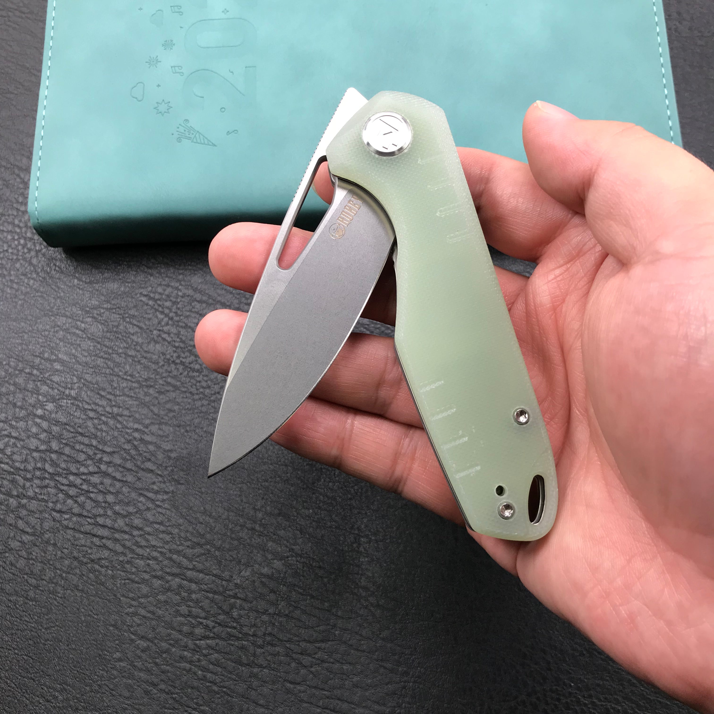 KUBEY KU324F Jade G10 Handle Folding Knife 3.27"Blasted Stonewashed D2