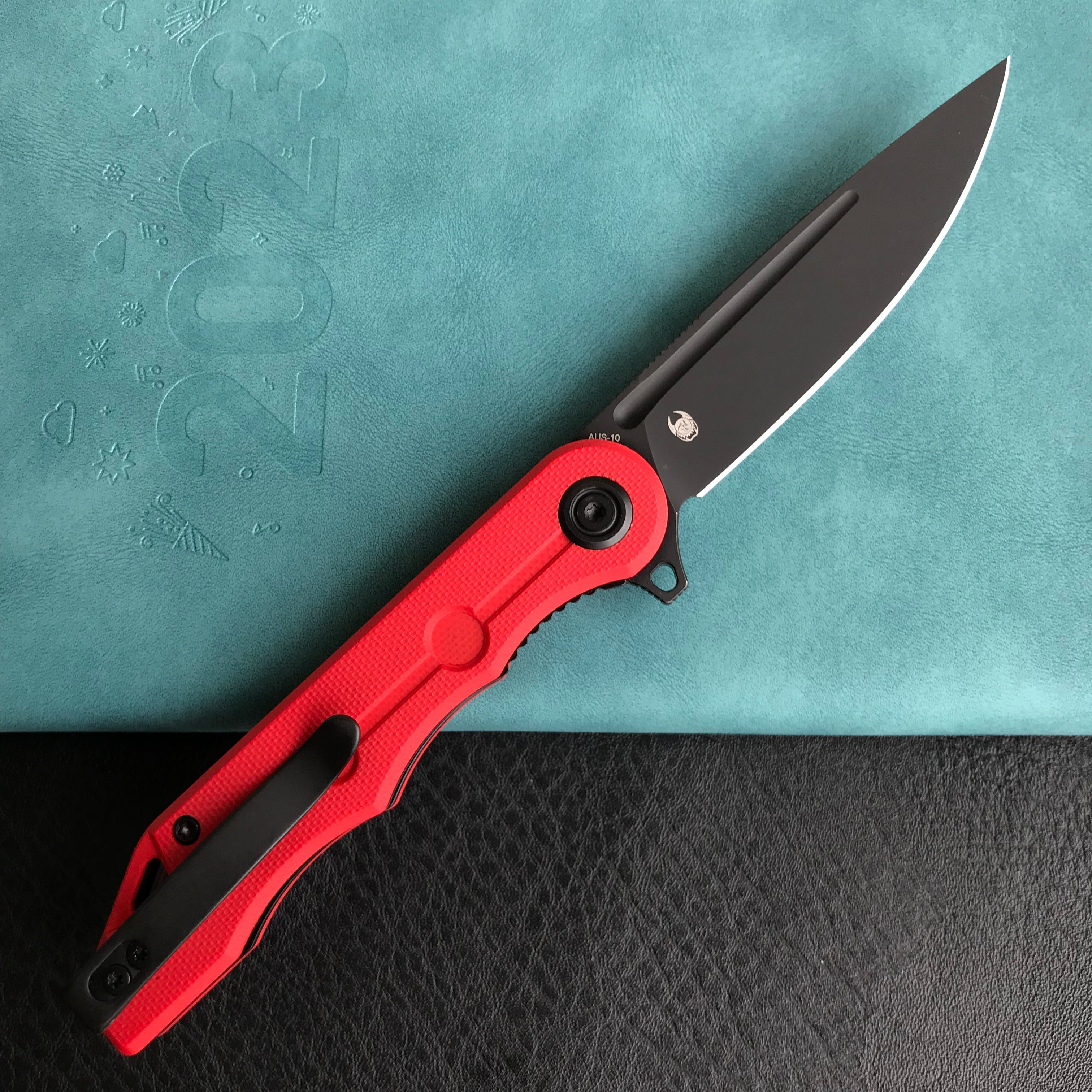 KUBEY KU312C Mizo Liner Lock Flipper Folding Knife Red G10 Handle 3.15" Dark Stonewashed AUS-10