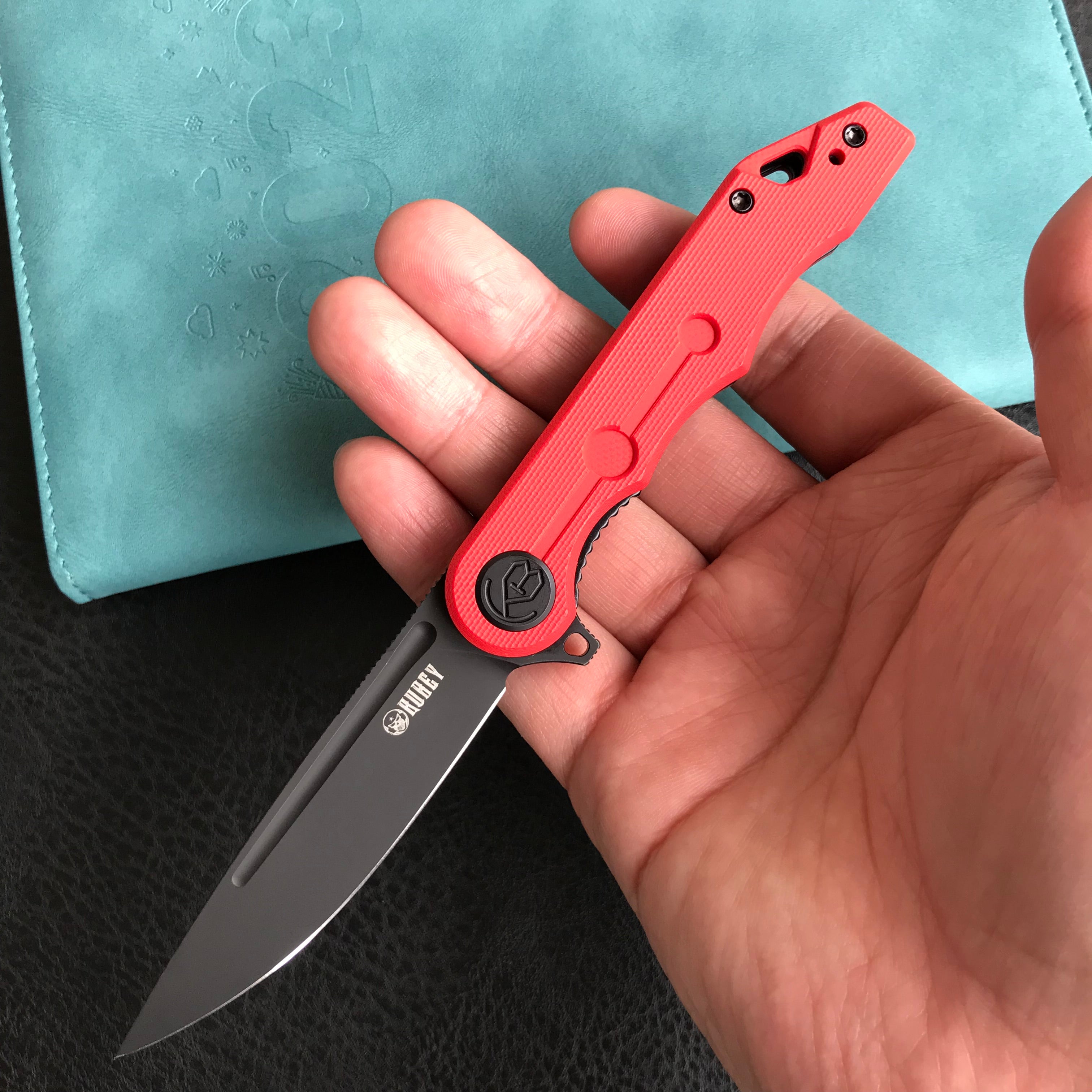 KUBEY KU312C Mizo Liner Lock Flipper Folding Knife Red G10 Handle 3.15" Dark Stonewashed AUS-10