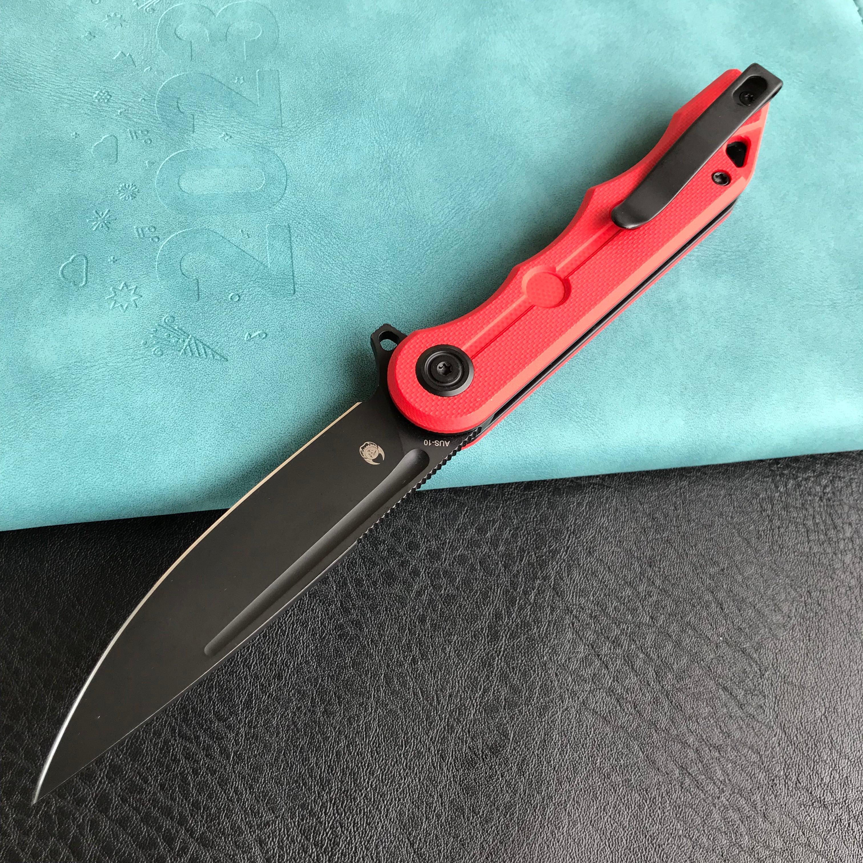 KUBEY KU312C Mizo Liner Lock Flipper Folding Knife Red G10 Handle 3.15" Dark Stonewashed AUS-10