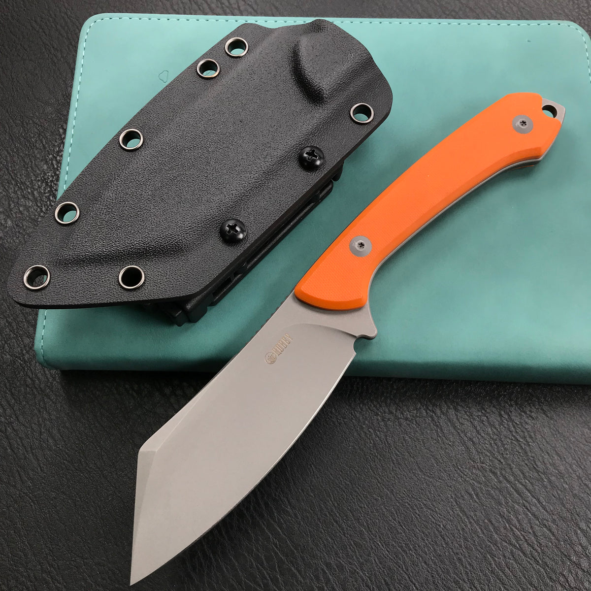 KUBEY KU302A Perses Fixed Blade Outdoor Survival Knife Orange G10 Handle 4.09" Bead Blasted Tanto D2 w/ Tek-lok Kydex Sheath