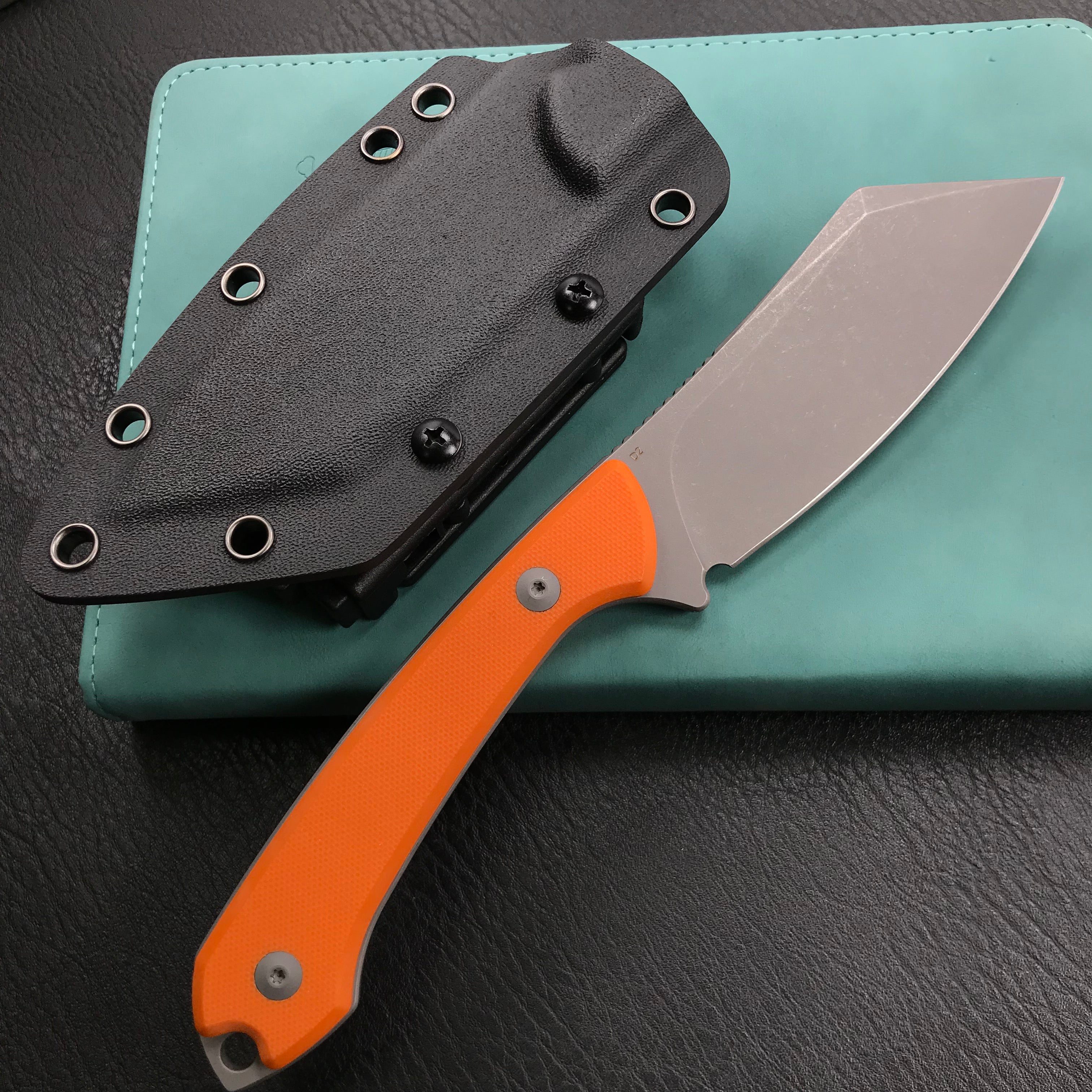 KUBEY KU302A Perses Fixed Blade Outdoor Survival Knife Orange G10 Handle 4.09" Bead Blasted Tanto D2 w/ Tek-lok Kydex Sheath