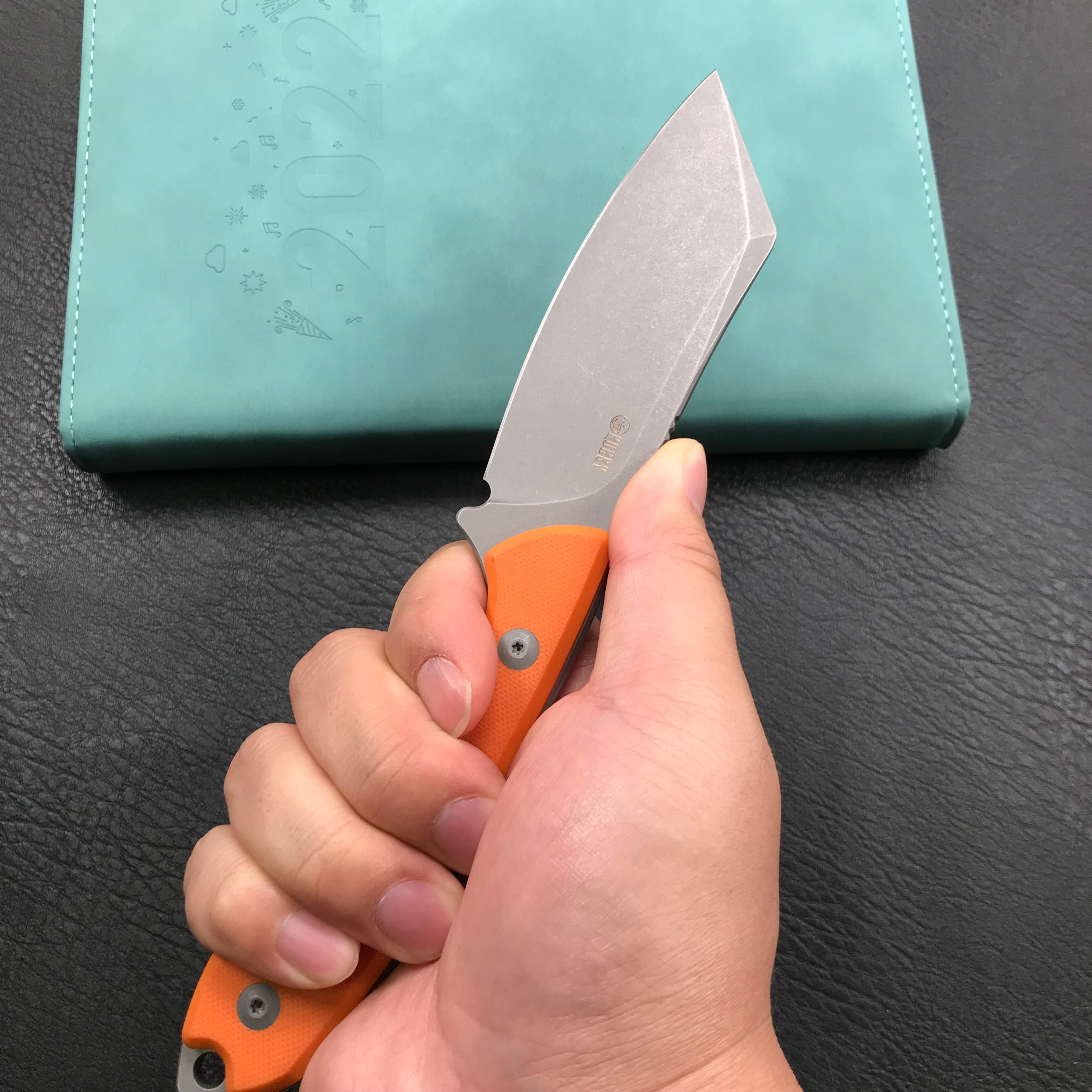 KUBEY KU302A Perses Fixed Blade Outdoor Survival Knife Orange G10 Handle 4.09" Bead Blasted Tanto D2 w/ Tek-lok Kydex Sheath