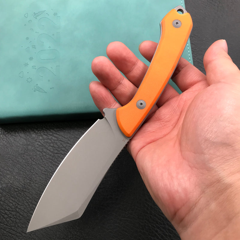 KUBEY KU302A Perses Fixed Blade Outdoor Survival Knife Orange G10 Handle 4.09" Bead Blasted Tanto D2 w/ Tek-lok Kydex Sheath