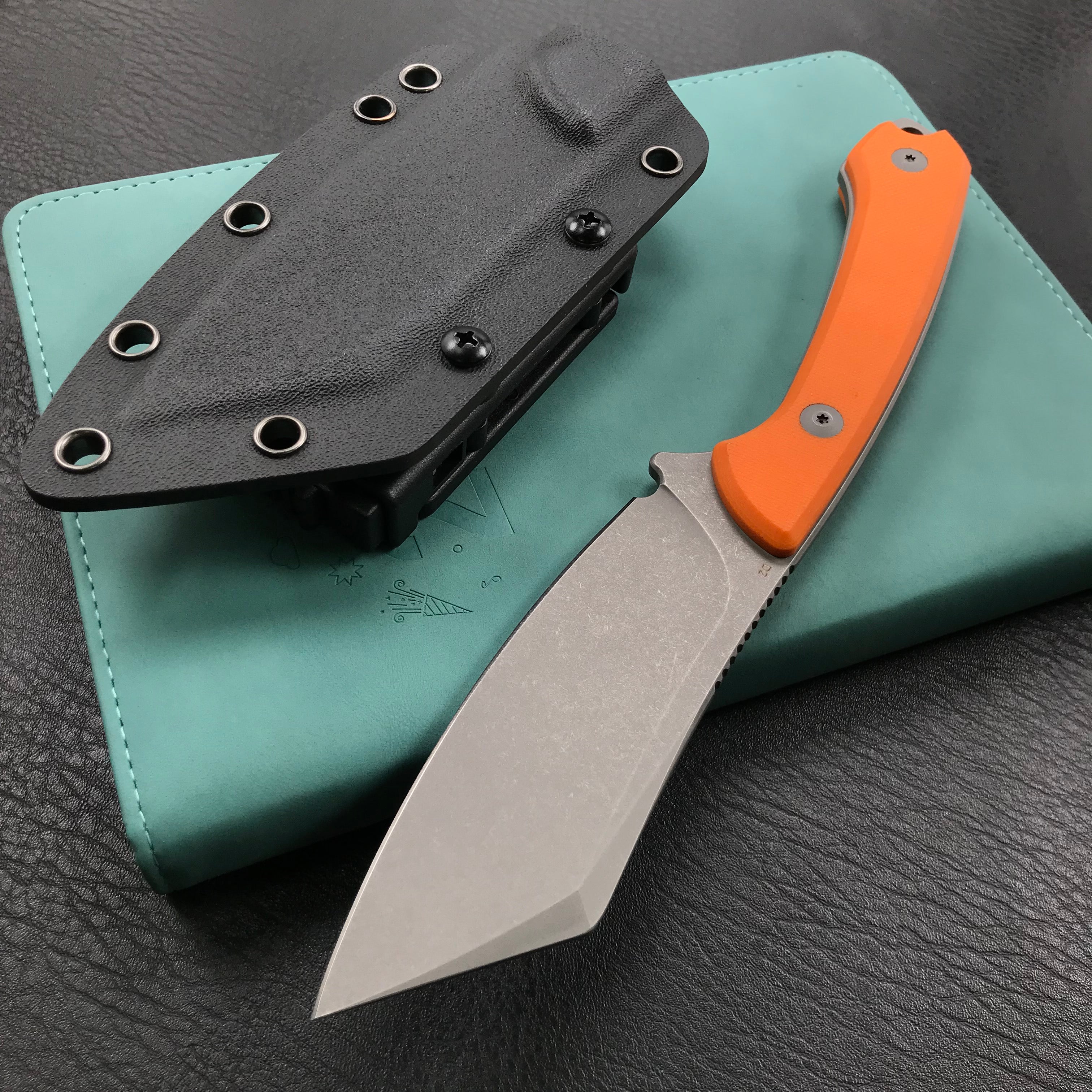 KUBEY KU302A Perses Fixed Blade Outdoor Survival Knife Orange G10 Handle 4.09" Bead Blasted Tanto D2 w/ Tek-lok Kydex Sheath