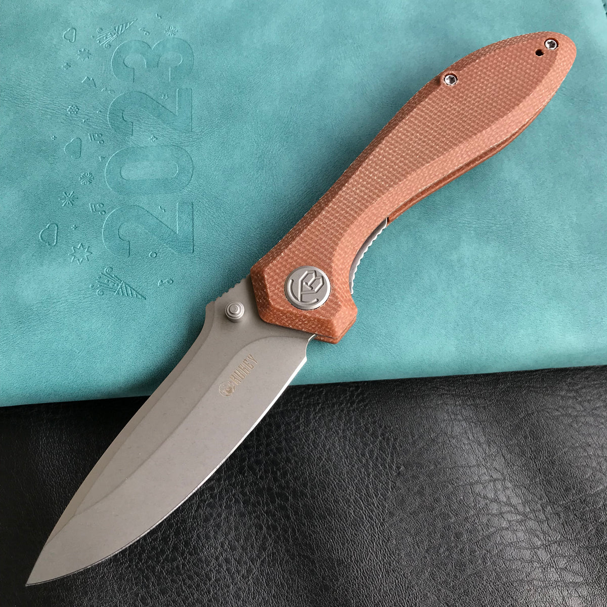 KUBEY KU314M Ruckus Liner Lock Folding Knife Tan Micarta Handle 3.31" Bead Blasted AUS-10