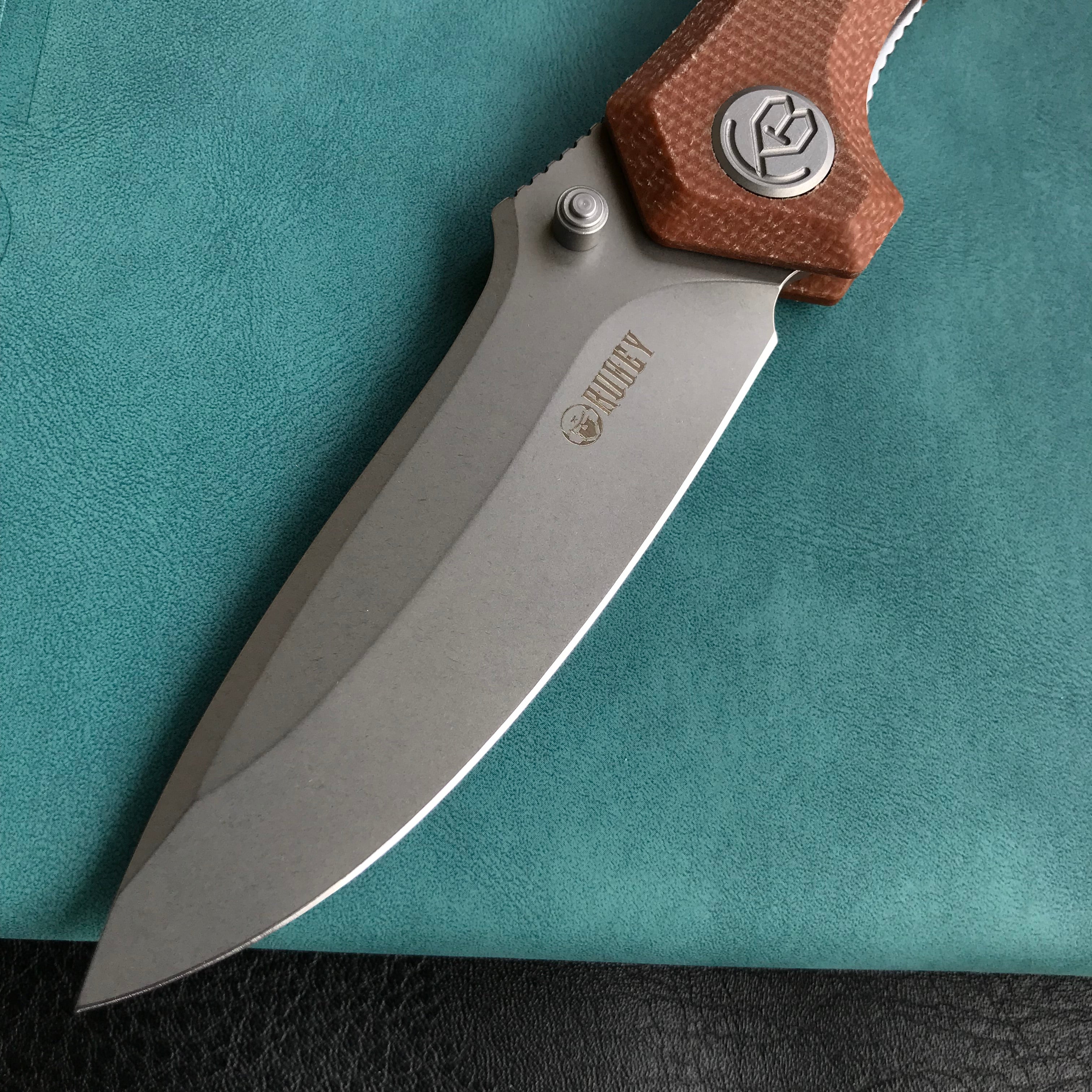 KUBEY KU314M Ruckus Liner Lock Folding Knife Tan Micarta Handle 3.31" Bead Blasted AUS-10