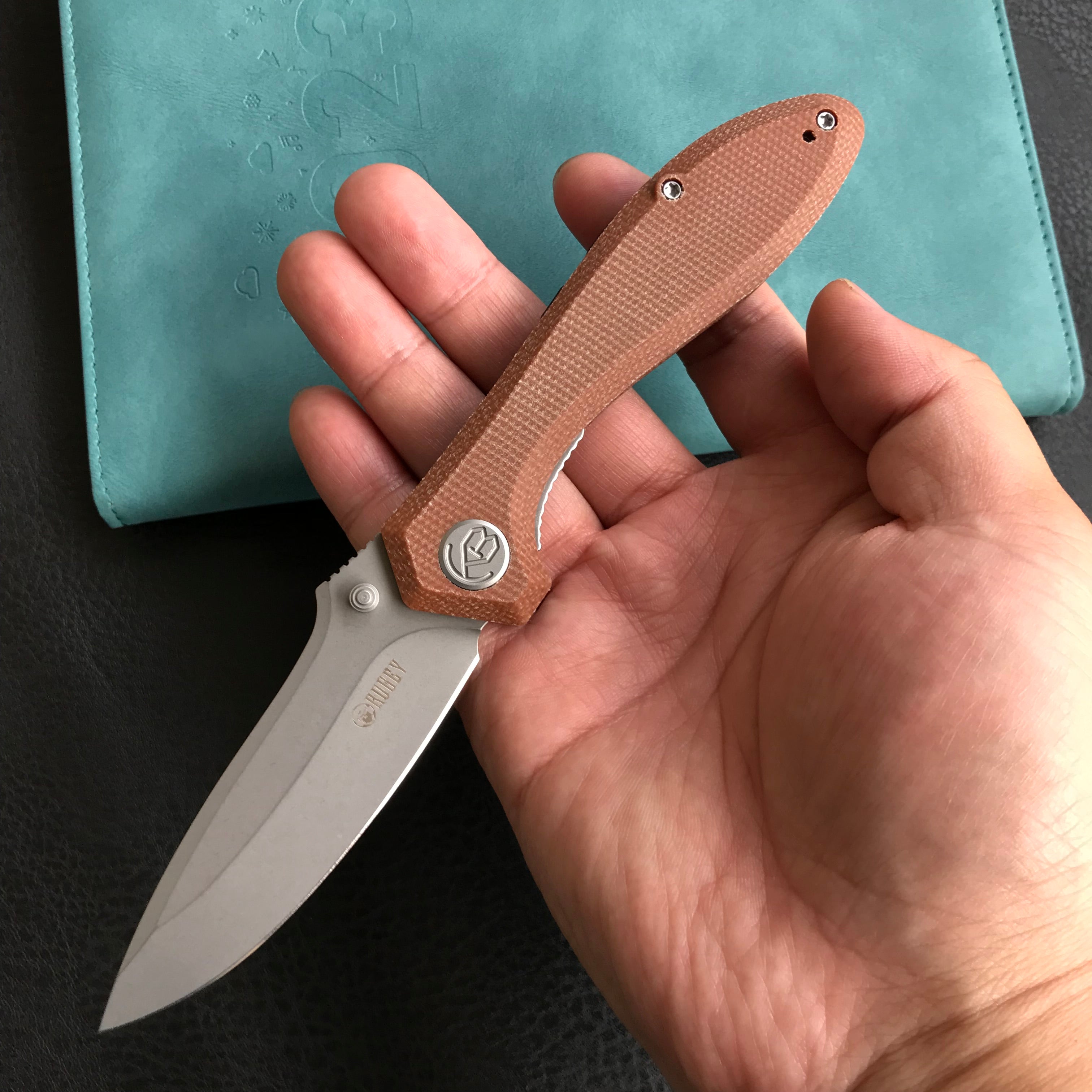 KUBEY KU314M Ruckus Liner Lock Folding Knife Tan Micarta Handle 3.31" Bead Blasted AUS-10