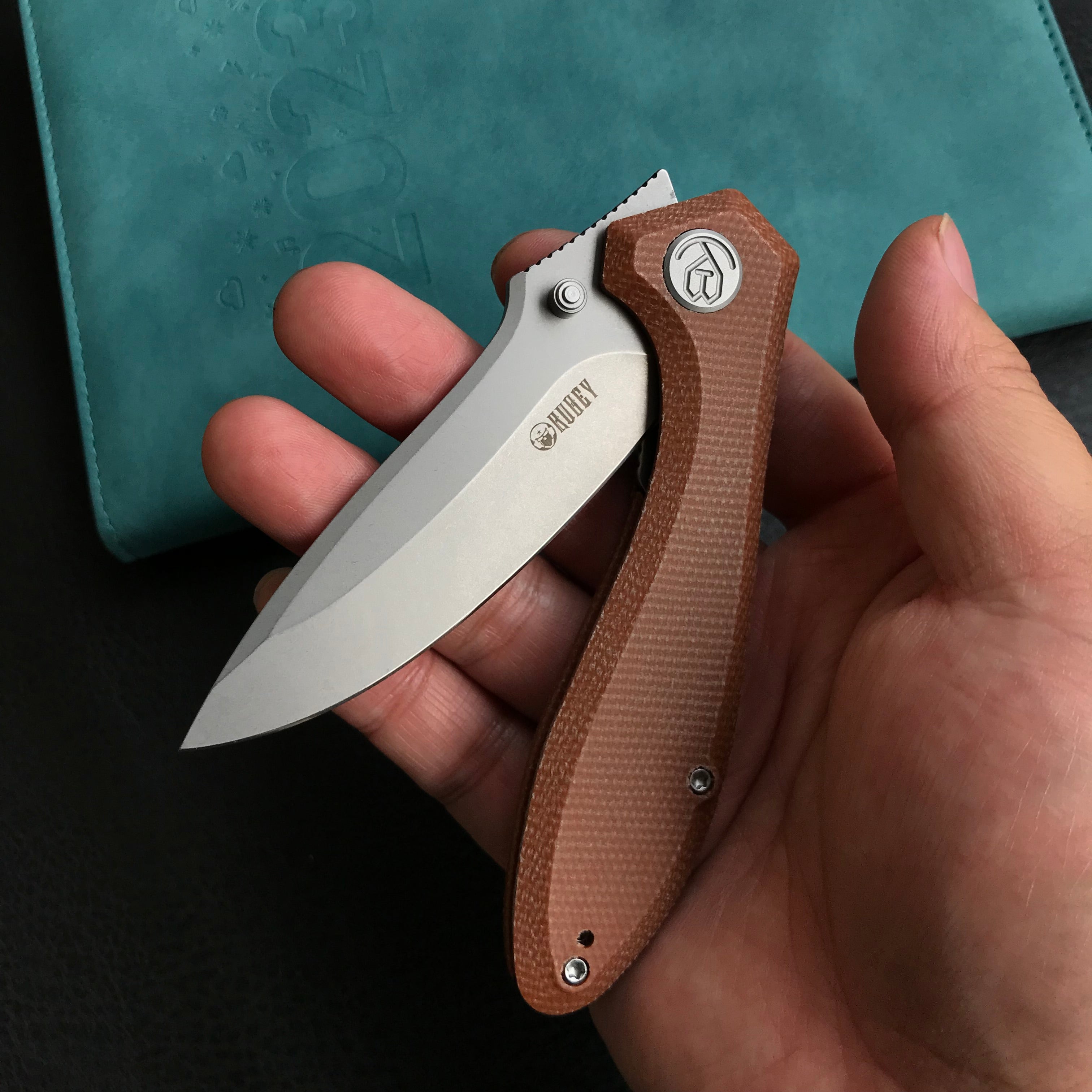 KUBEY KU314M Ruckus Liner Lock Folding Knife Tan Micarta Handle 3.31" Bead Blasted AUS-10