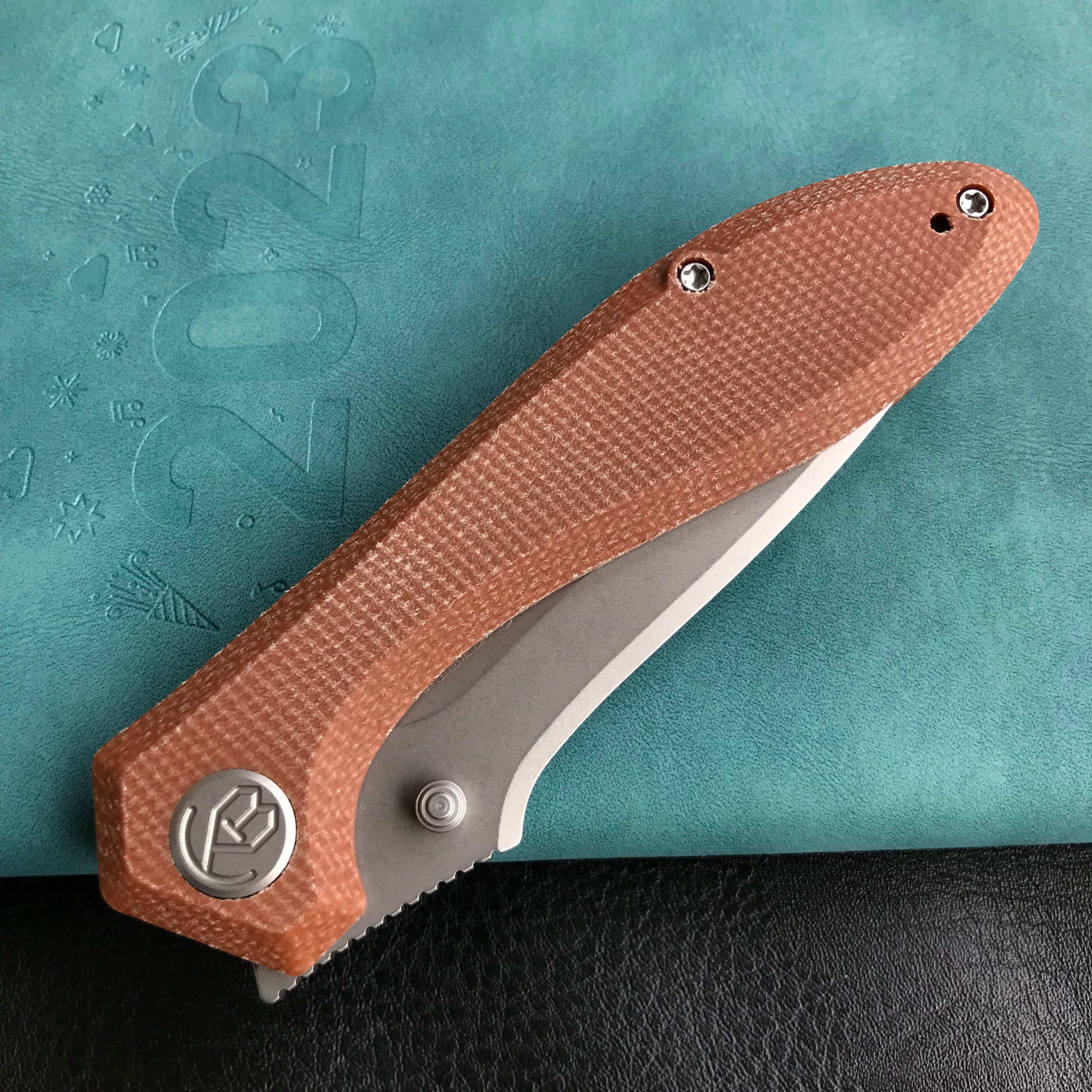 KUBEY KU314M Ruckus Liner Lock Folding Knife Tan Micarta Handle 3.31" Bead Blasted AUS-10