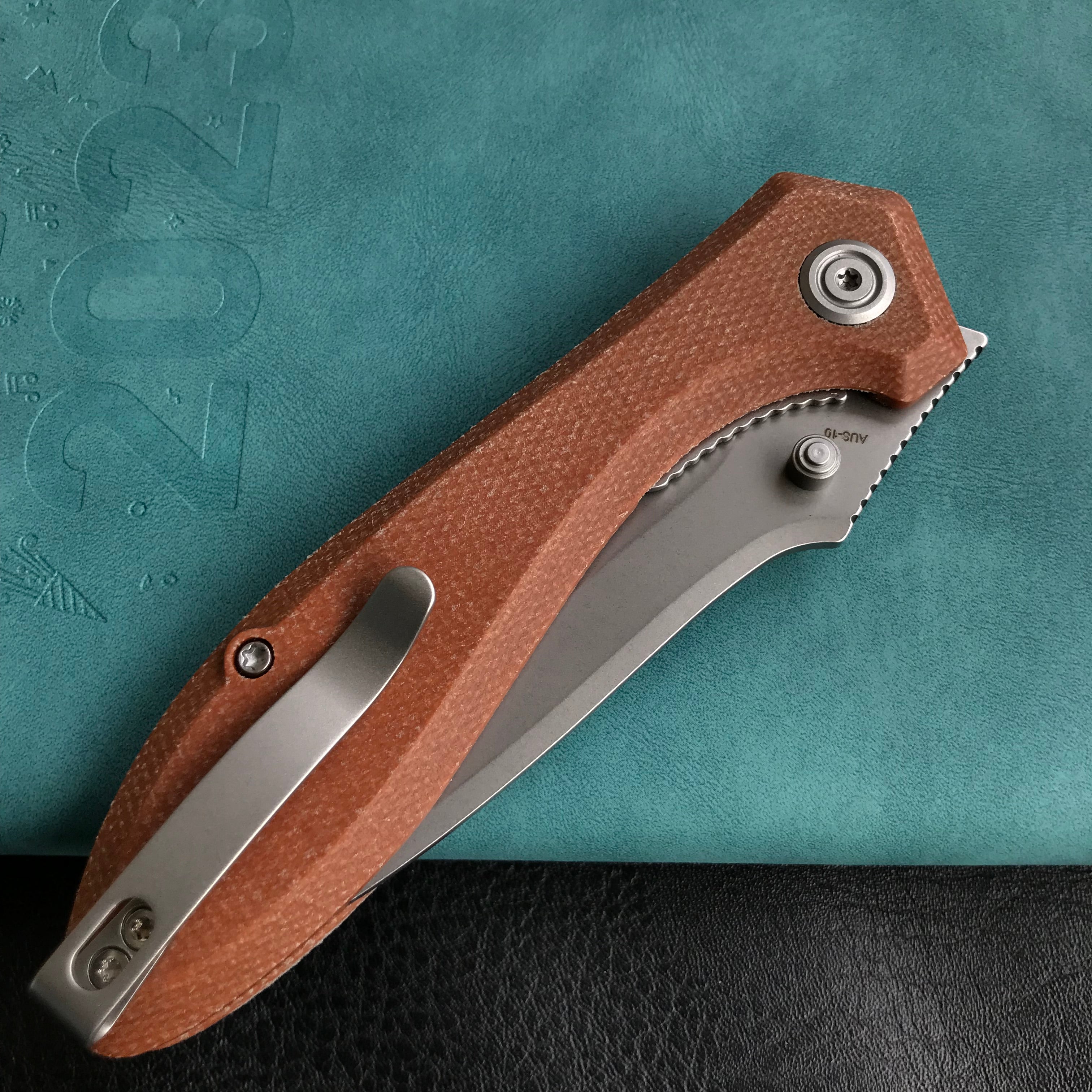 KUBEY KU314M Ruckus Liner Lock Folding Knife Tan Micarta Handle 3.31" Bead Blasted AUS-10