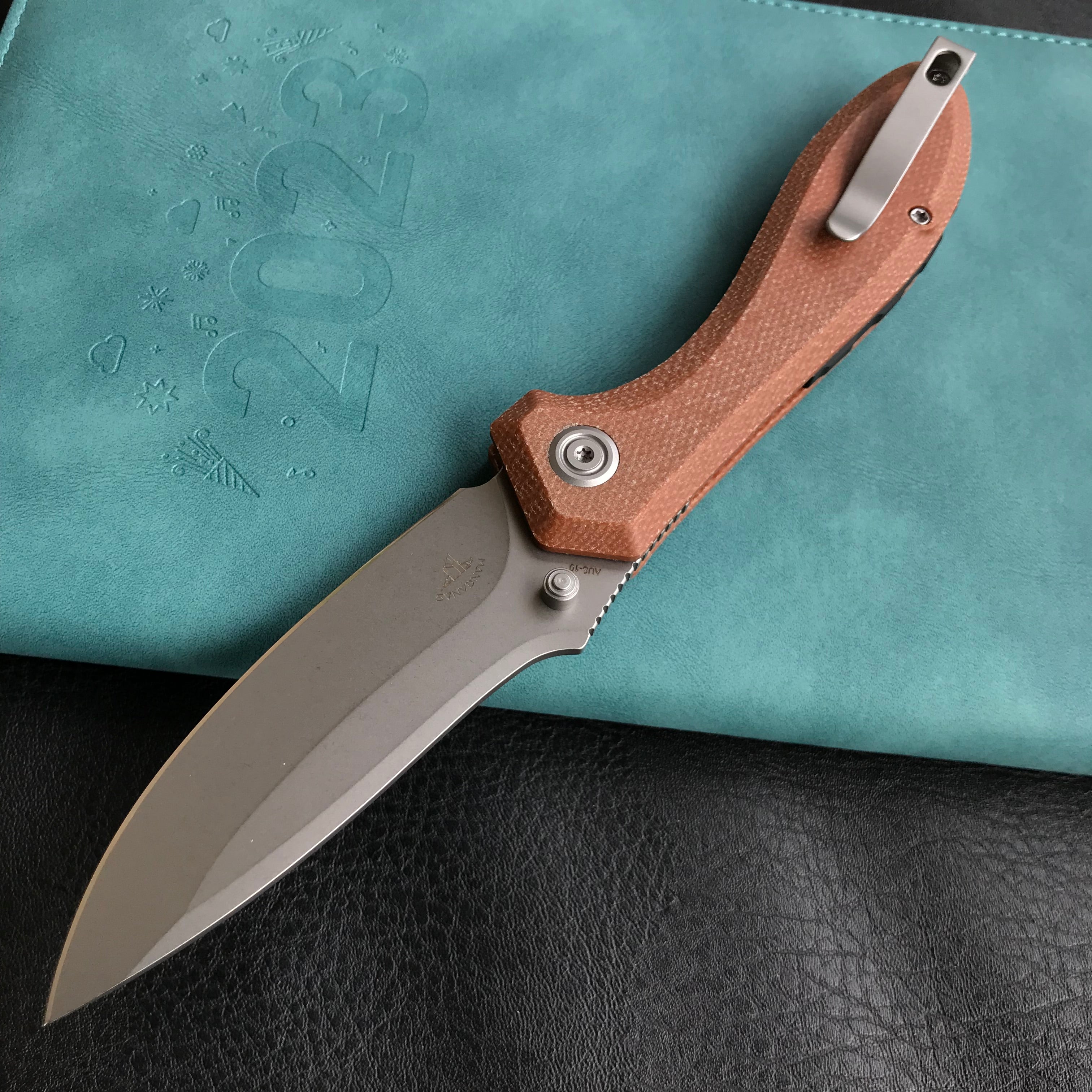 KUBEY KU314M Ruckus Liner Lock Folding Knife Tan Micarta Handle 3.31" Bead Blasted AUS-10