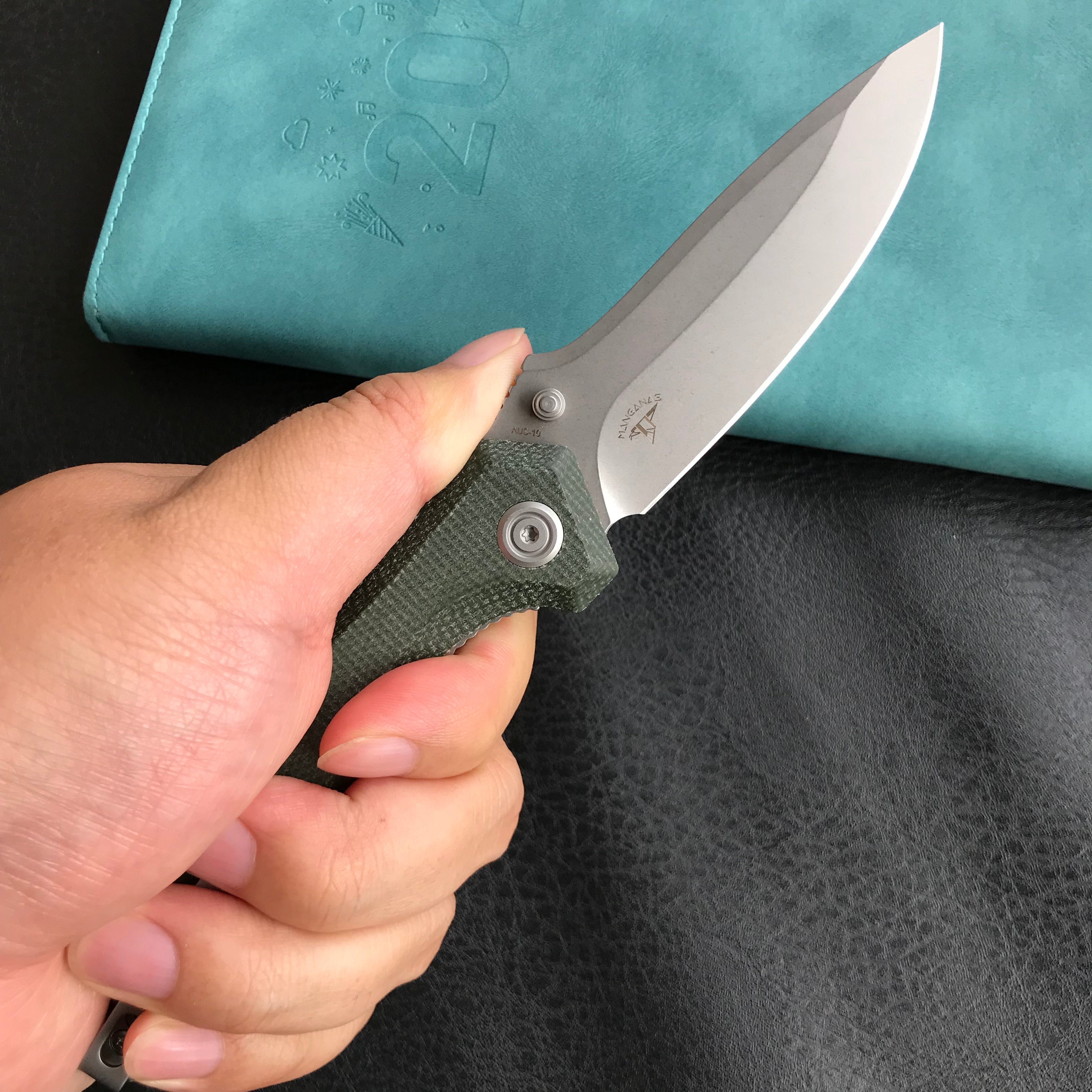 KUBEY KU314N Ruckus Liner Lock Folding Knife Green Micarta Handle 3.31" Bead Blasted AUS-10