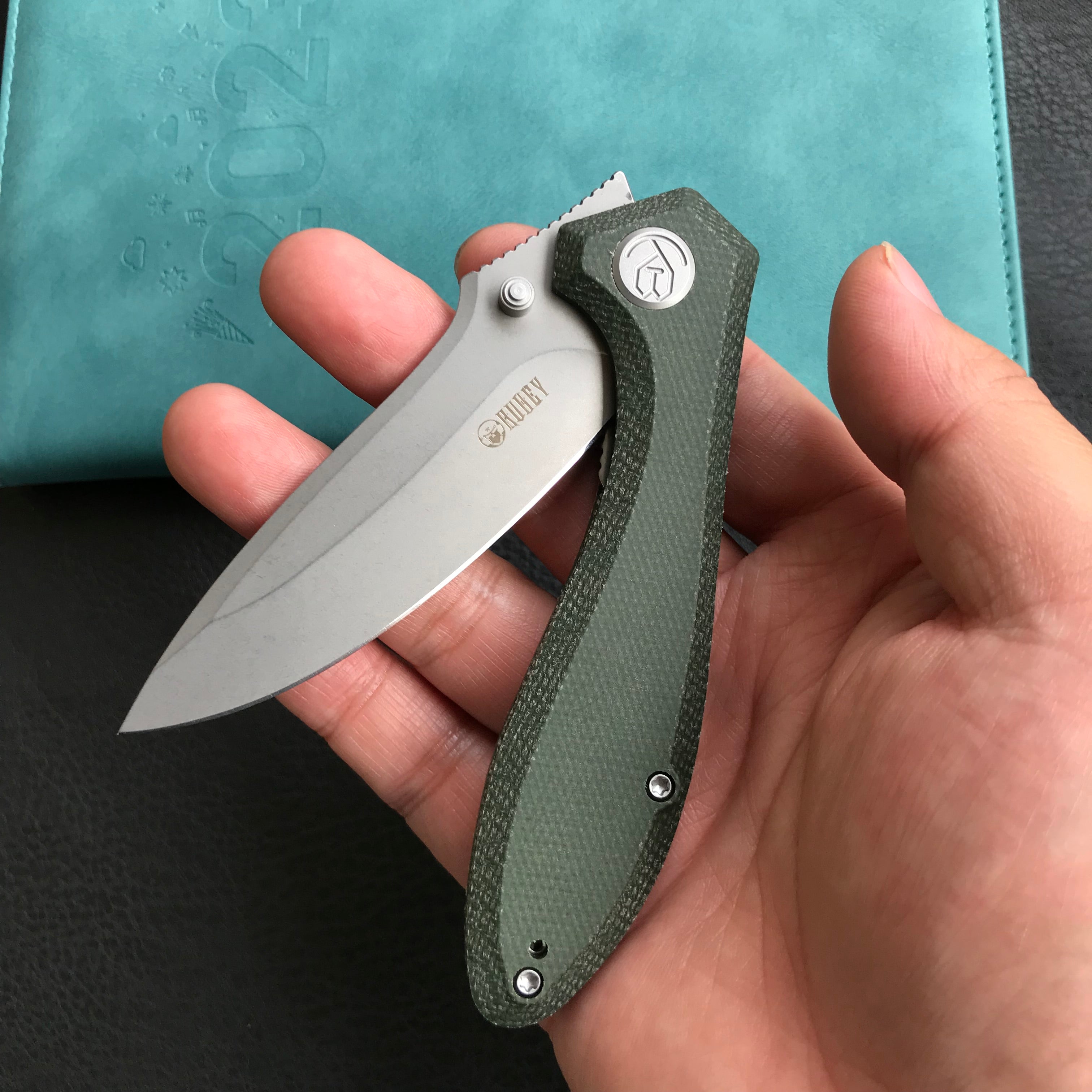 KUBEY KU314N Ruckus Liner Lock Folding Knife Green Micarta Handle 3.31" Bead Blasted AUS-10