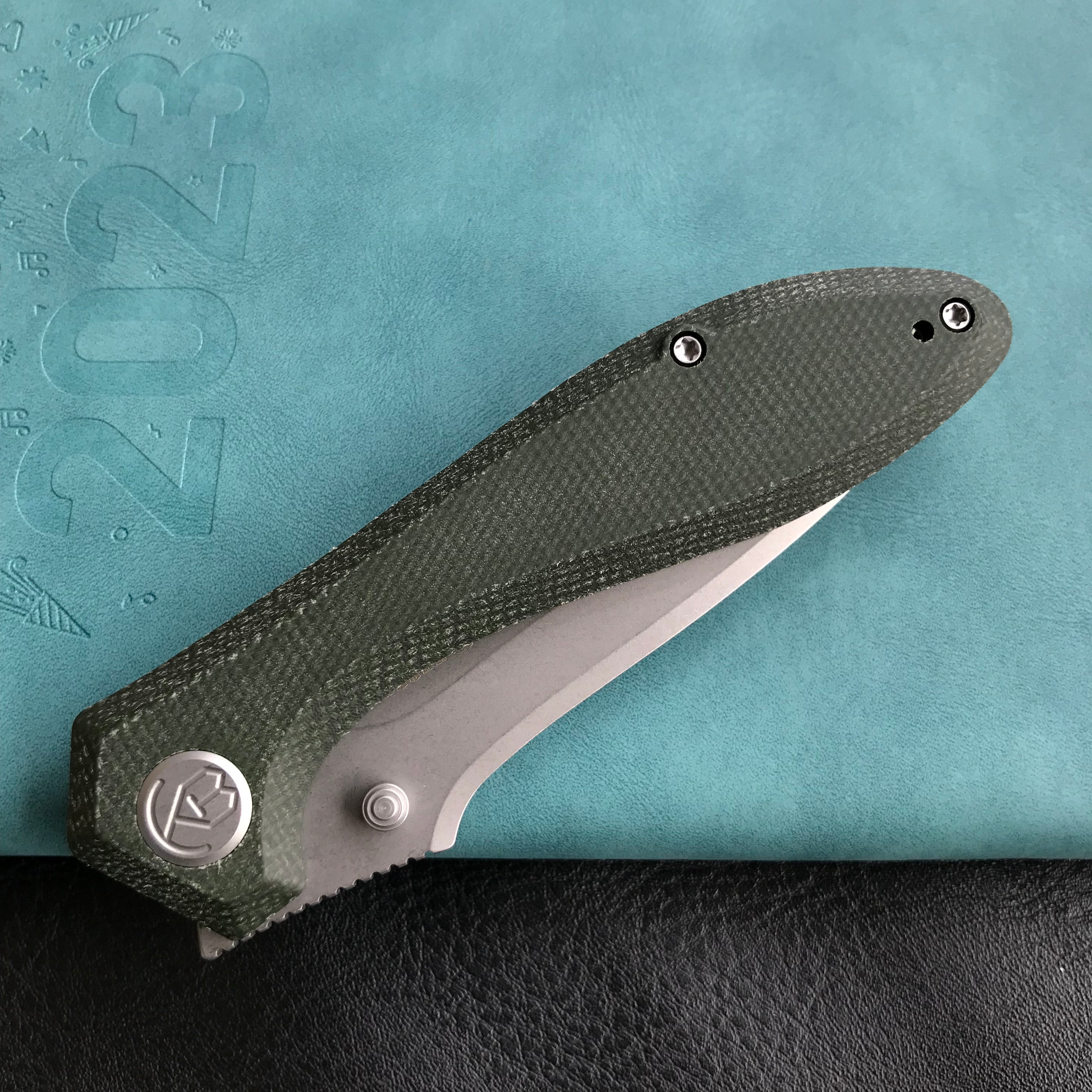 KUBEY KU314N Ruckus Liner Lock Folding Knife Green Micarta Handle 3.31" Bead Blasted AUS-10