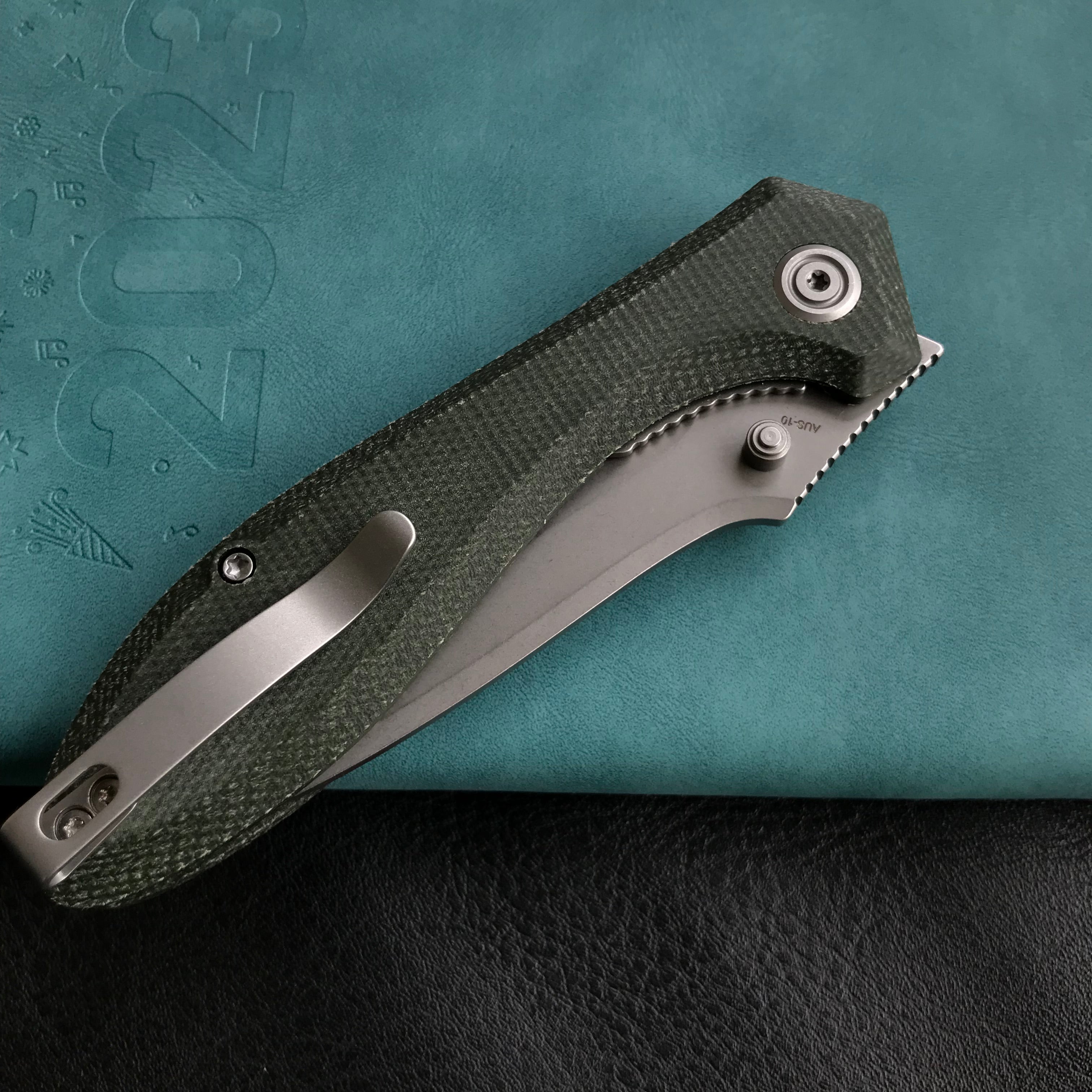 KUBEY KU314N Ruckus Liner Lock Folding Knife Green Micarta Handle 3.31" Bead Blasted AUS-10