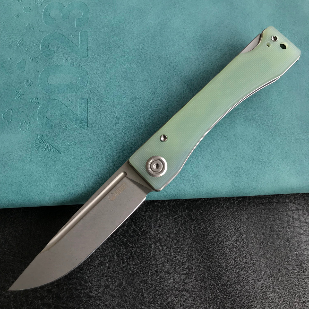 KUBEY KU2102B Akino Lockback Pocket Folding Knife Jade  G10 Handle 3.15" Bead Blasted Sandvik 14C28N