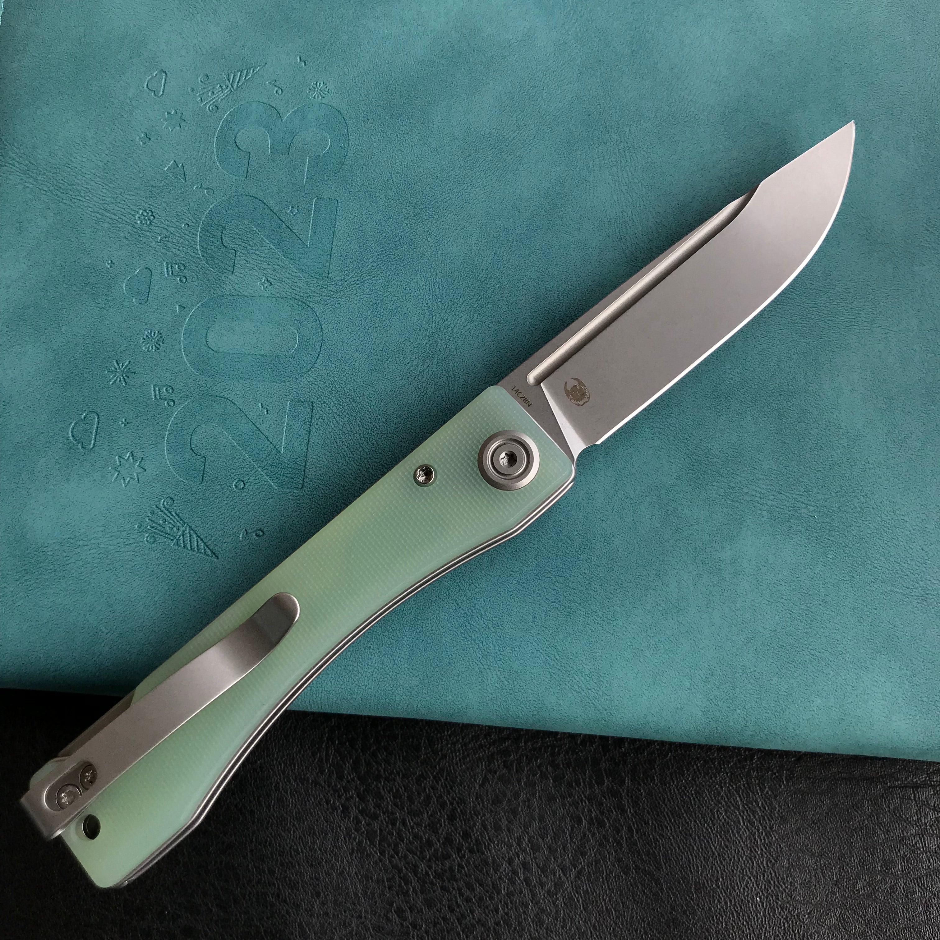 KUBEY KU2102B Akino Lockback Pocket Folding Knife Jade  G10 Handle 3.15" Bead Blasted Sandvik 14C28N