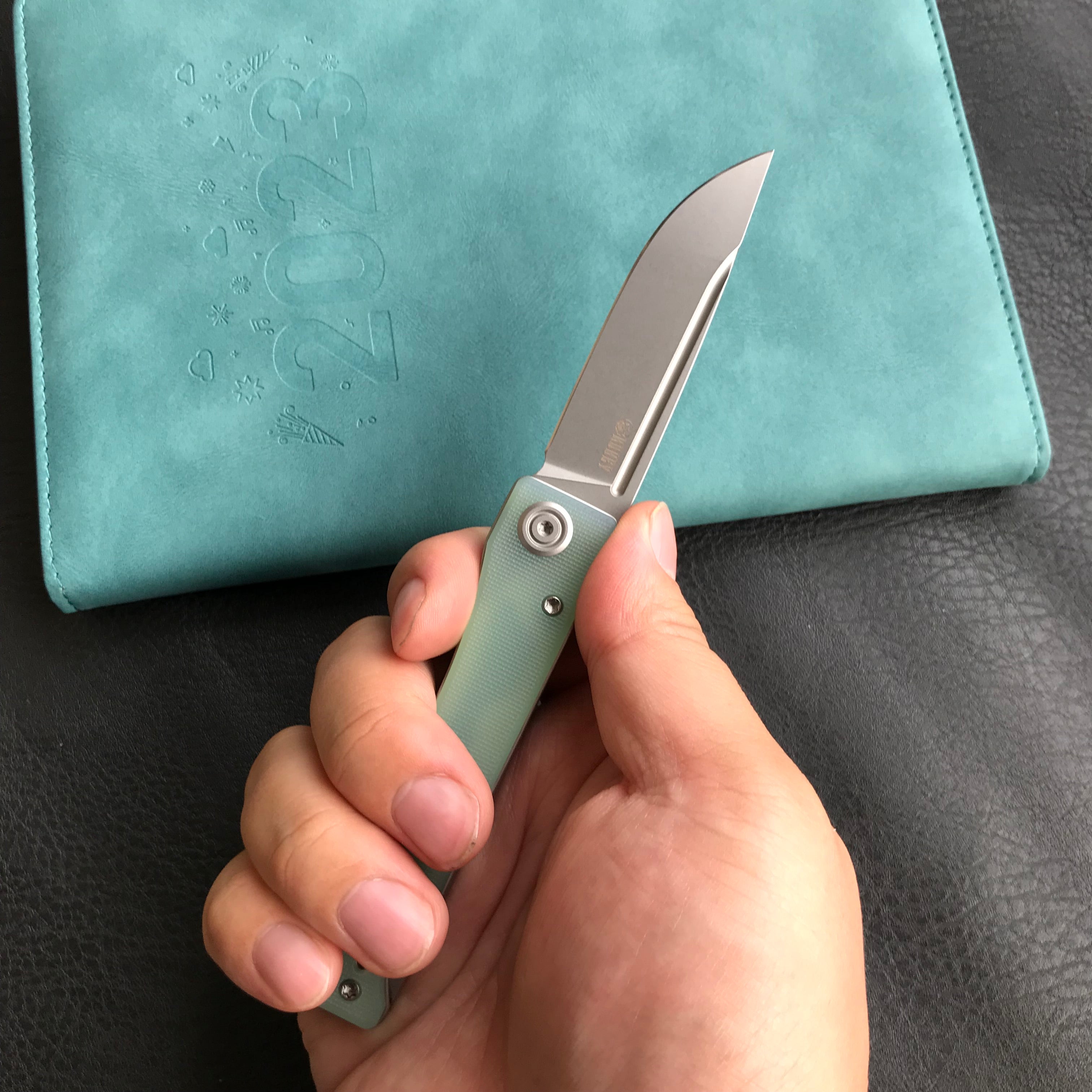 KUBEY KU2102B Akino Lockback Pocket Folding Knife Jade  G10 Handle 3.15" Bead Blasted Sandvik 14C28N