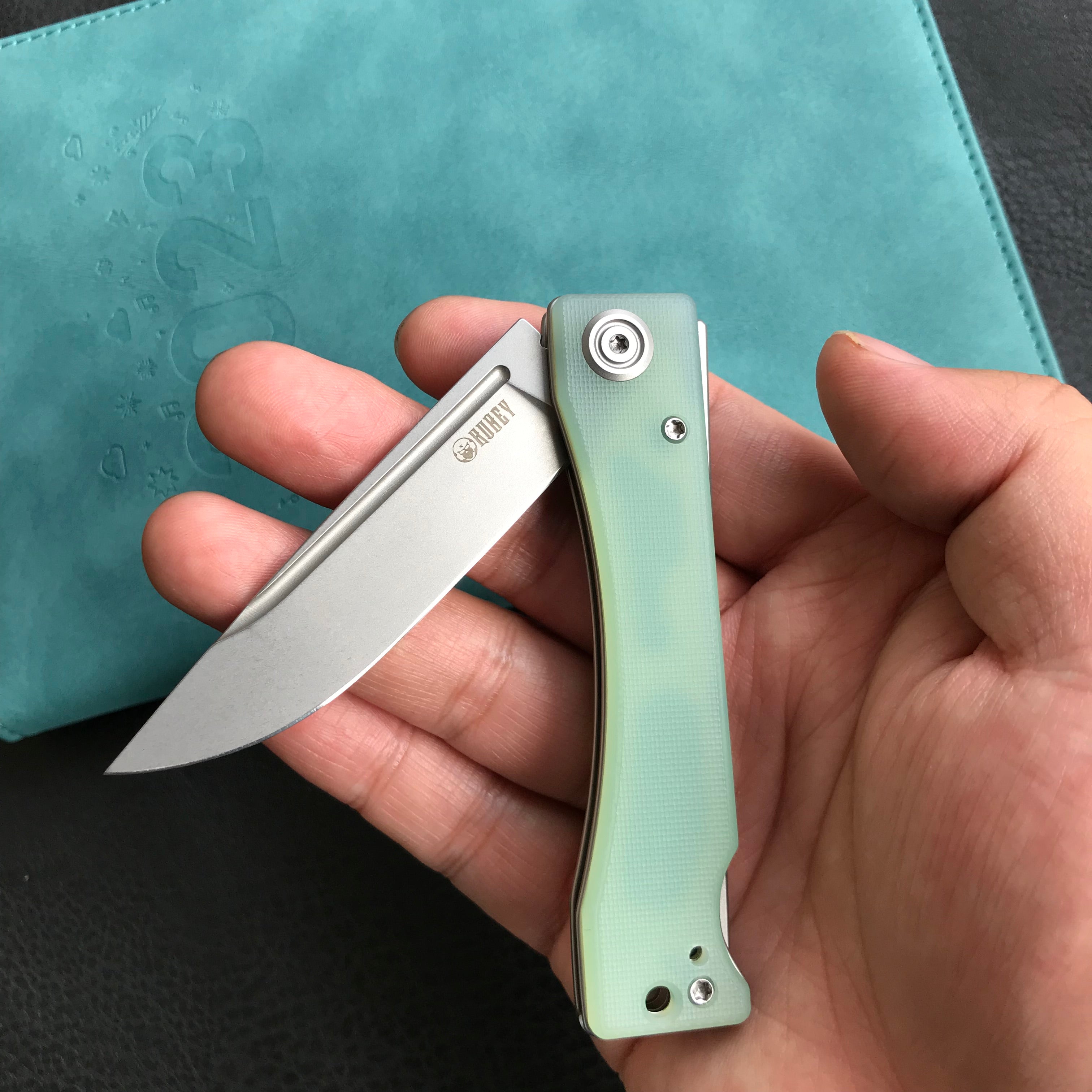 KUBEY KU2102B Akino Lockback Pocket Folding Knife Jade  G10 Handle 3.15" Bead Blasted Sandvik 14C28N