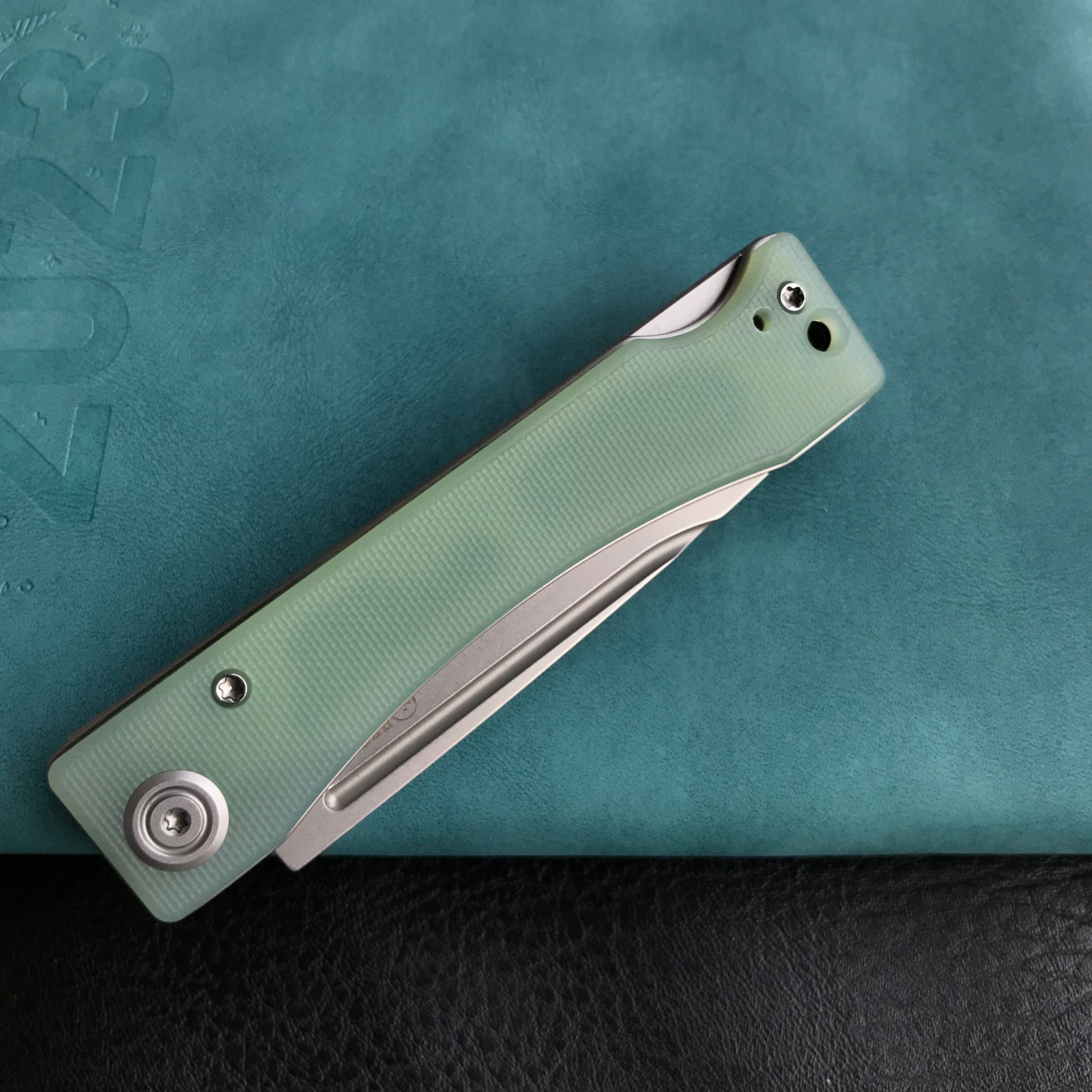 KUBEY KU2102B Akino Lockback Pocket Folding Knife Jade  G10 Handle 3.15" Bead Blasted Sandvik 14C28N