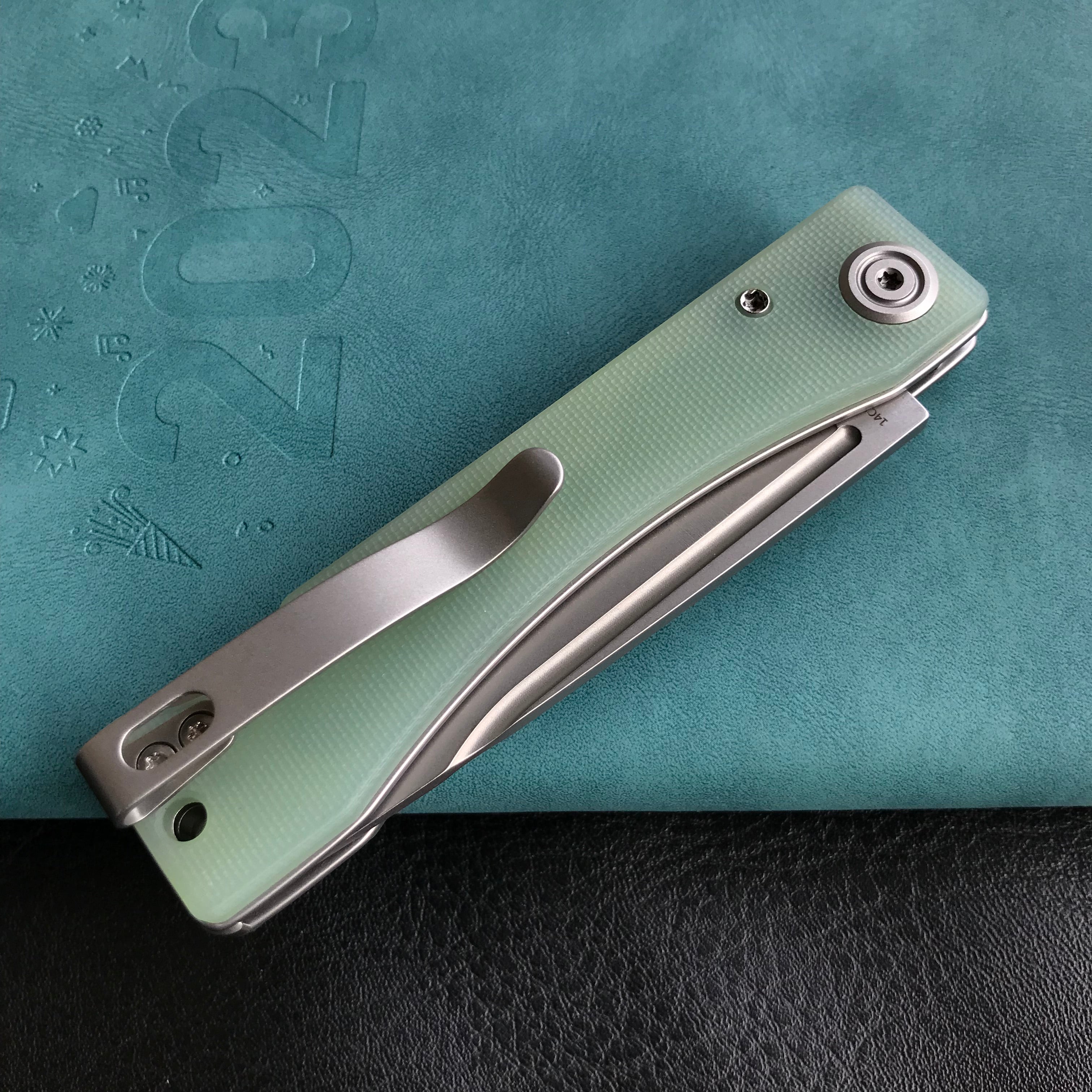 KUBEY KU2102B Akino Lockback Pocket Folding Knife Jade  G10 Handle 3.15" Bead Blasted Sandvik 14C28N