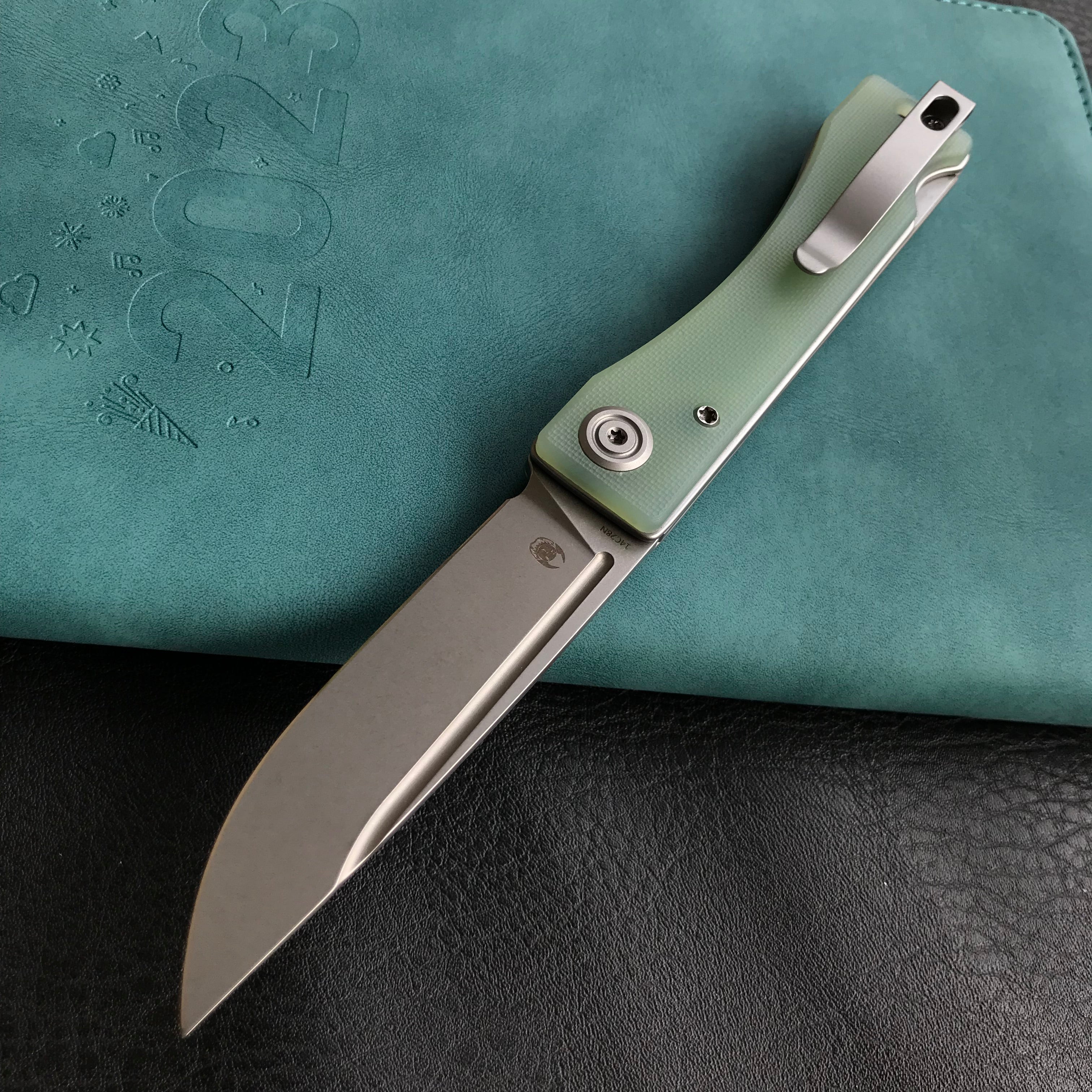 KUBEY KU2102B Akino Lockback Pocket Folding Knife Jade  G10 Handle 3.15" Bead Blasted Sandvik 14C28N