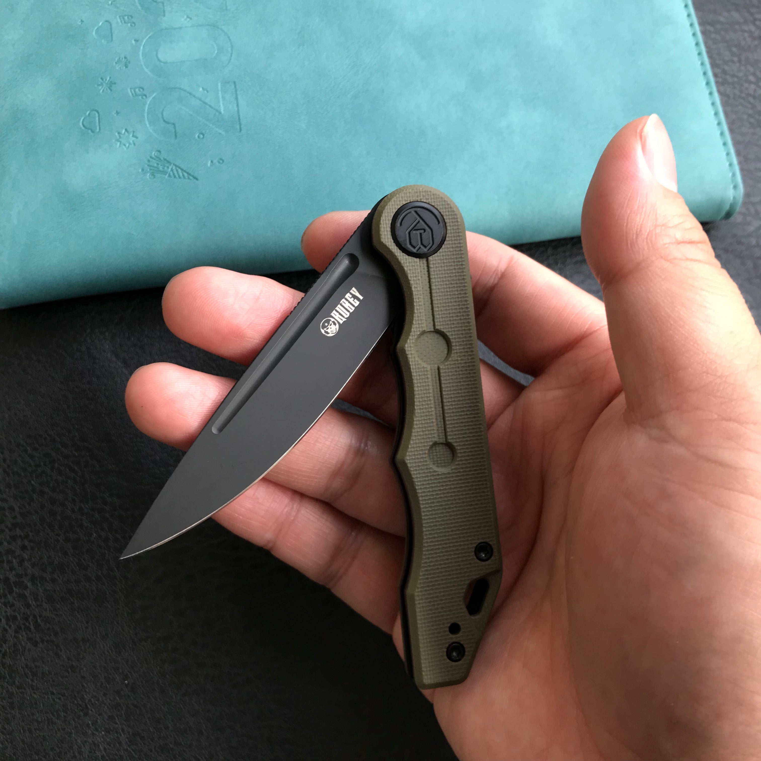 KUBEY KU312D Mizo Liner Lock Flipper Folding Knife Green G10 Handle 3.15" Blackwashed AUS-10