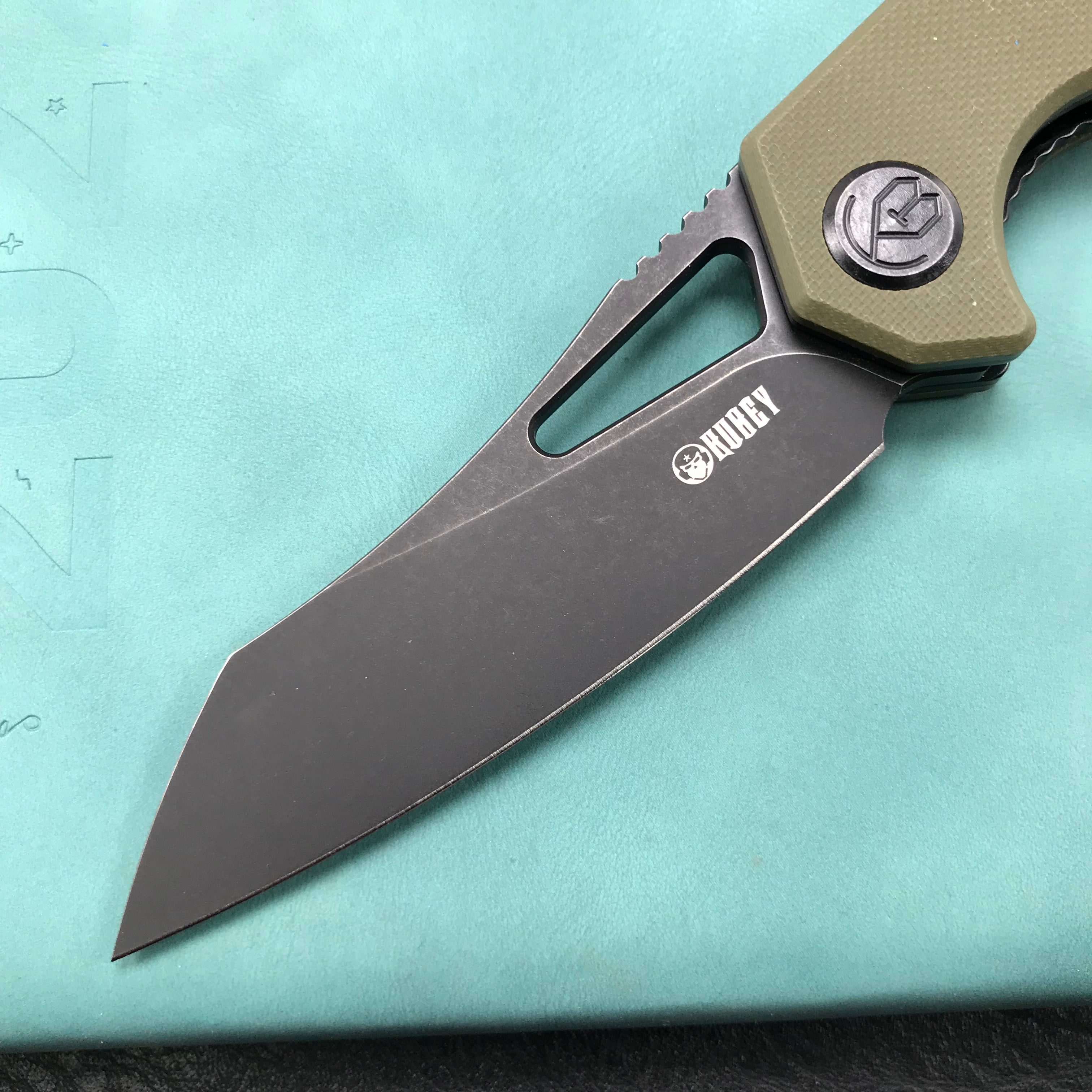 KUBEY  KU291E Vagrant Liner Lock Folding Knife green G10 Handle (3.1" Dark Stonewashed AUS-10)