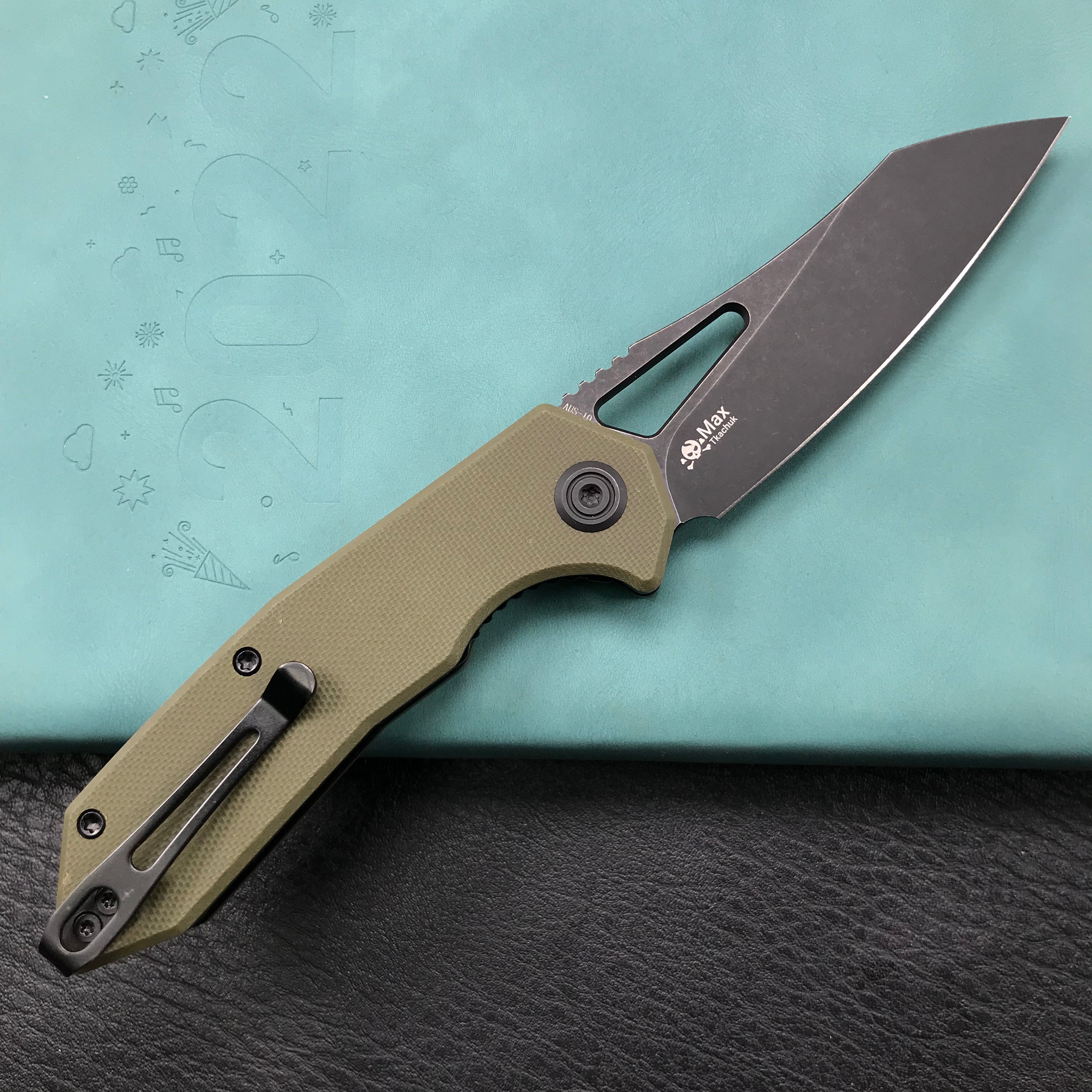 KUBEY  KU291E Vagrant Liner Lock Folding Knife green G10 Handle (3.1" Dark Stonewashed AUS-10)