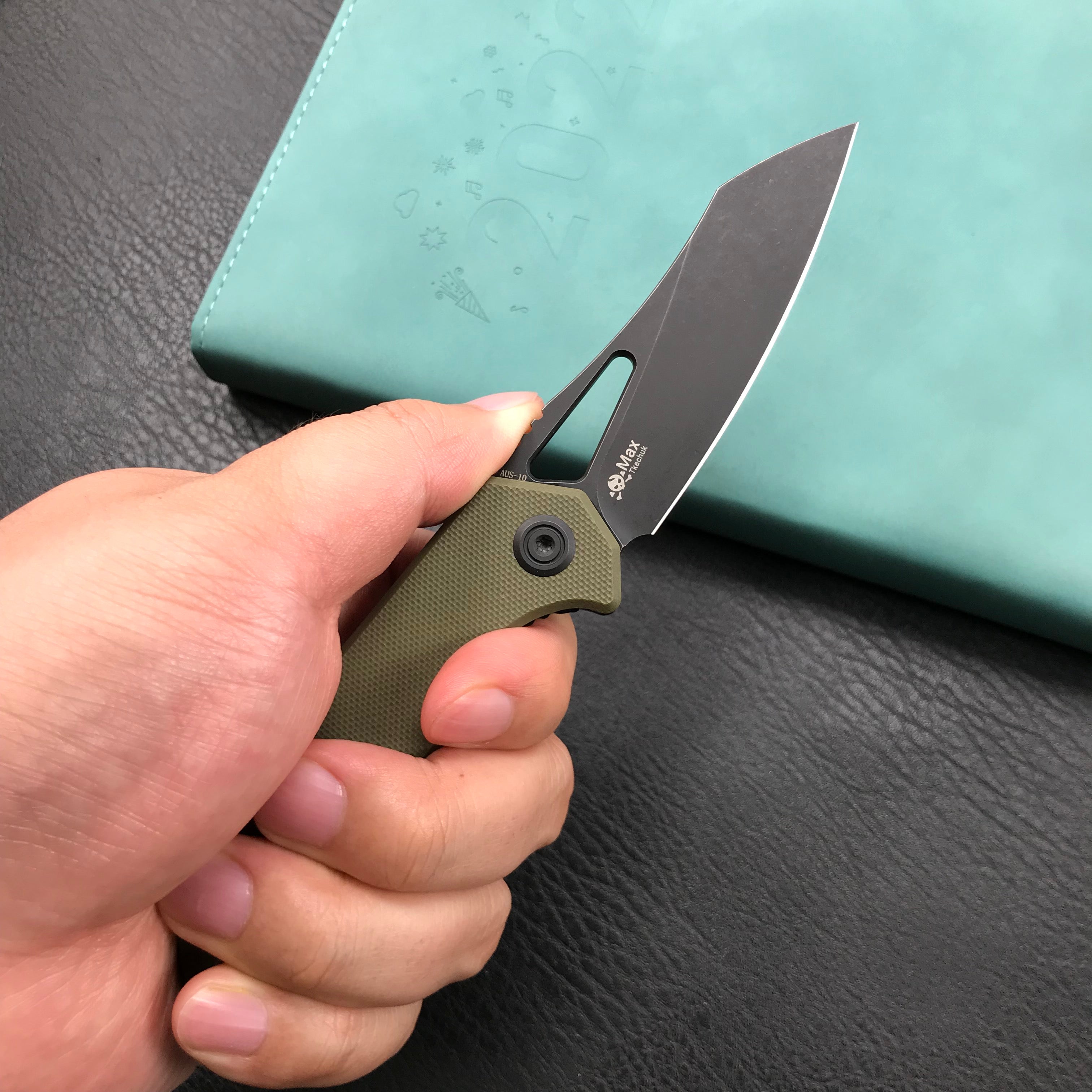 KUBEY  KU291E Vagrant Liner Lock Folding Knife green G10 Handle (3.1" Dark Stonewashed AUS-10)