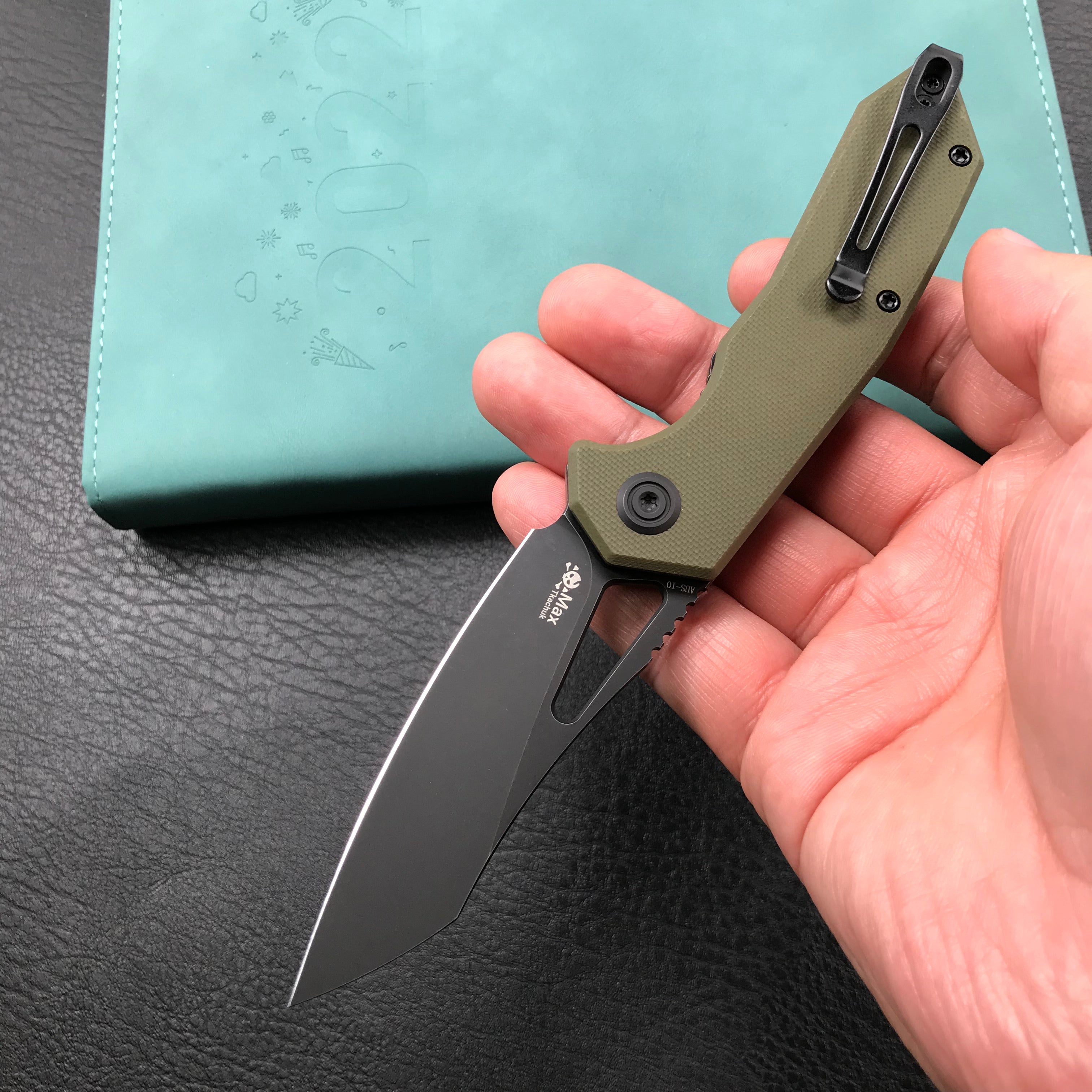 KUBEY  KU291E Vagrant Liner Lock Folding Knife green G10 Handle (3.1" Dark Stonewashed AUS-10)