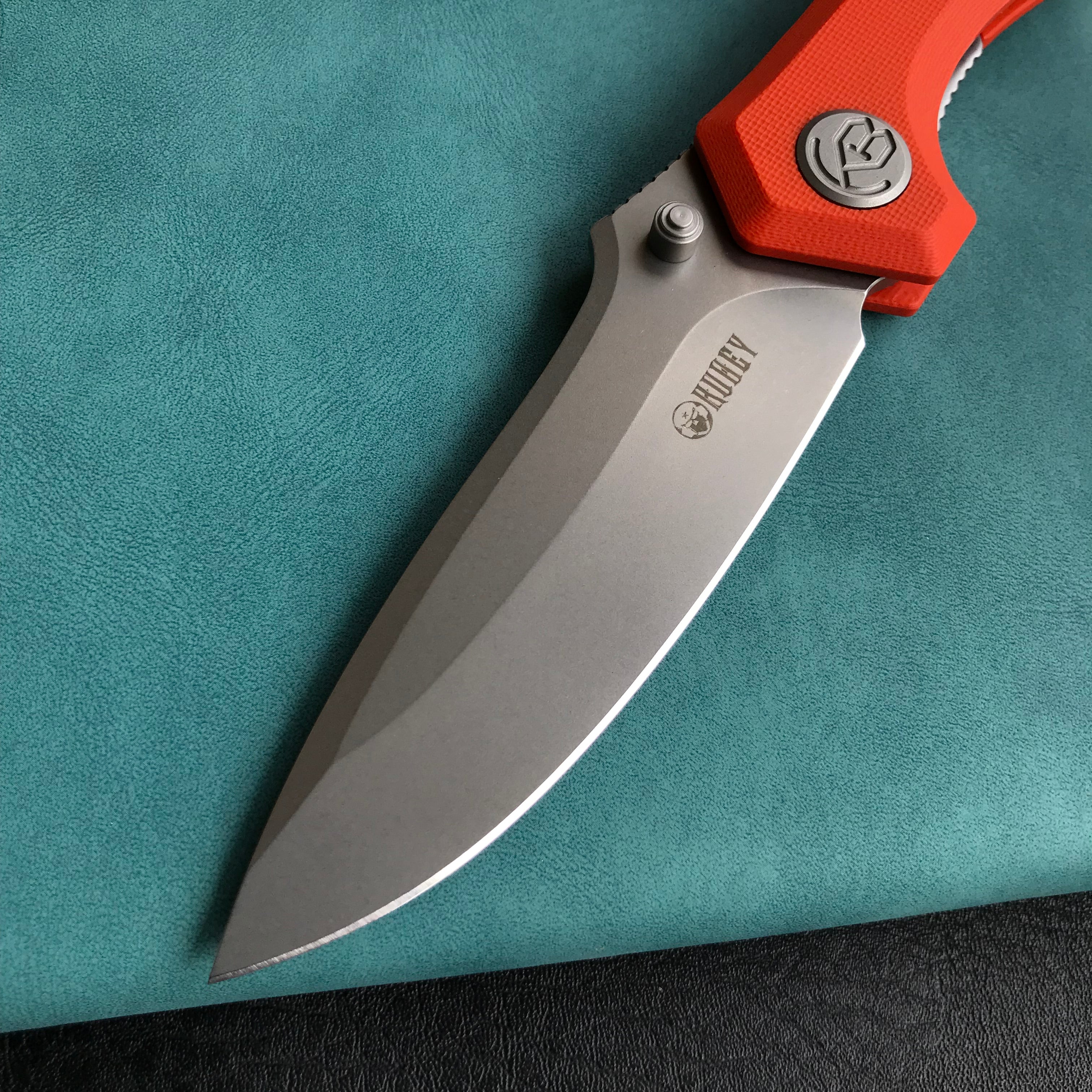 KUBEY KU314H Ruckus Liner Lock Folding Knife Orange G10 Handle 3.31" Bead Blasted AUS-10