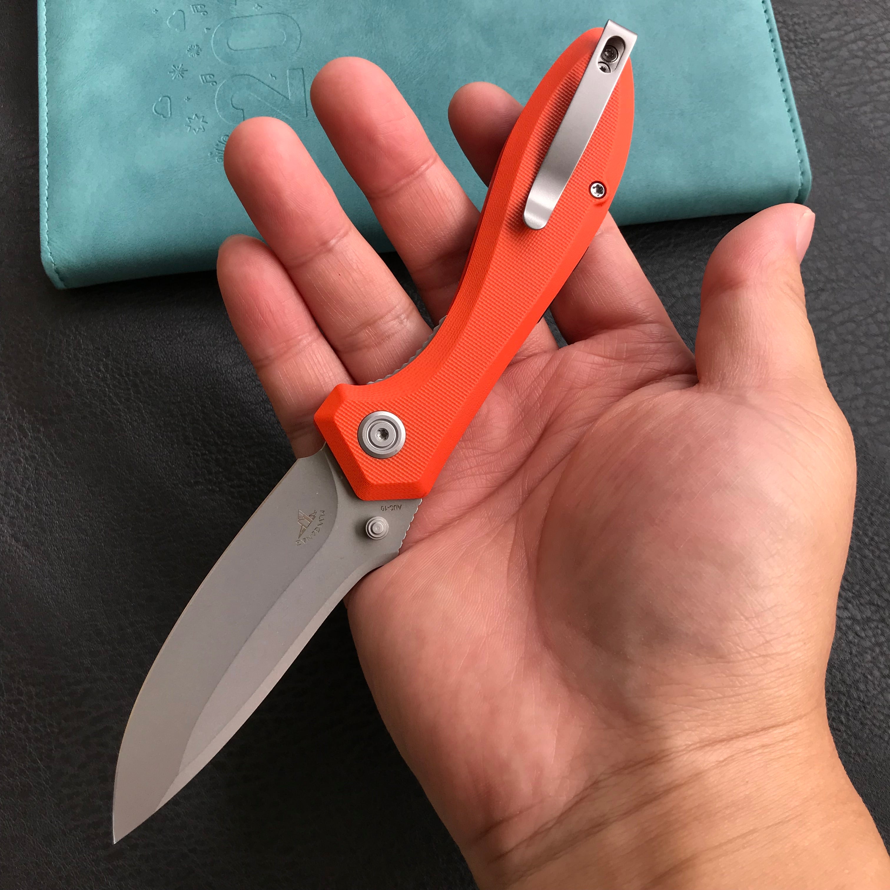 KUBEY KU314H Ruckus Liner Lock Folding Knife Orange G10 Handle 3.31" Bead Blasted AUS-10