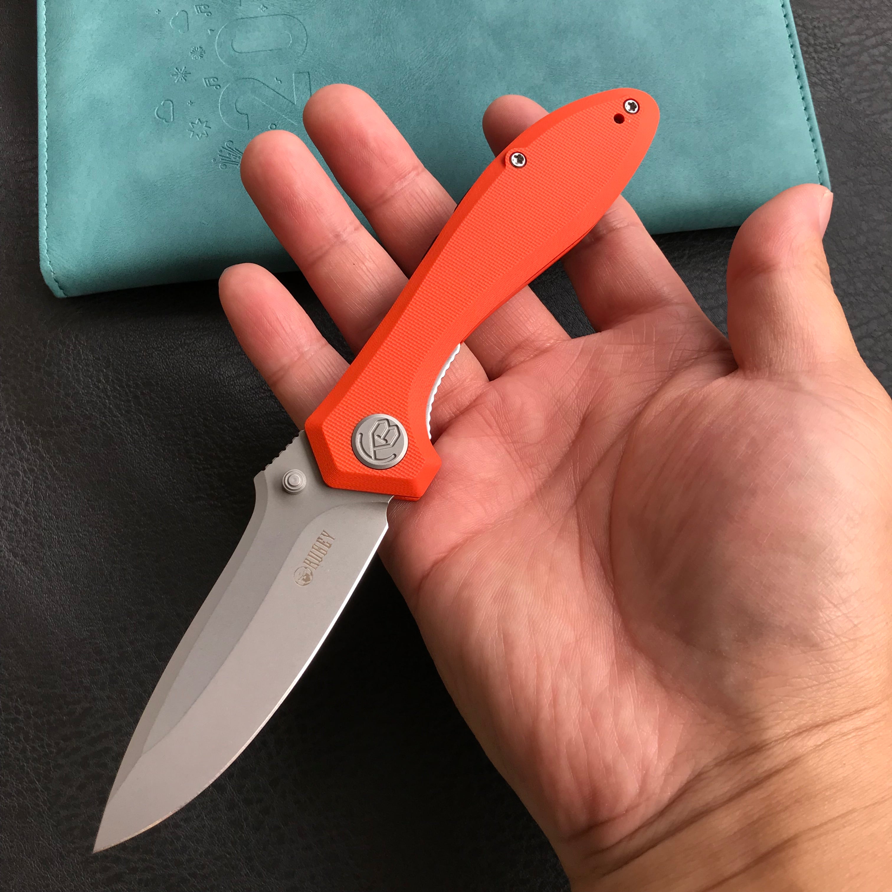 KUBEY KU314H Ruckus Liner Lock Folding Knife Orange G10 Handle 3.31" Bead Blasted AUS-10