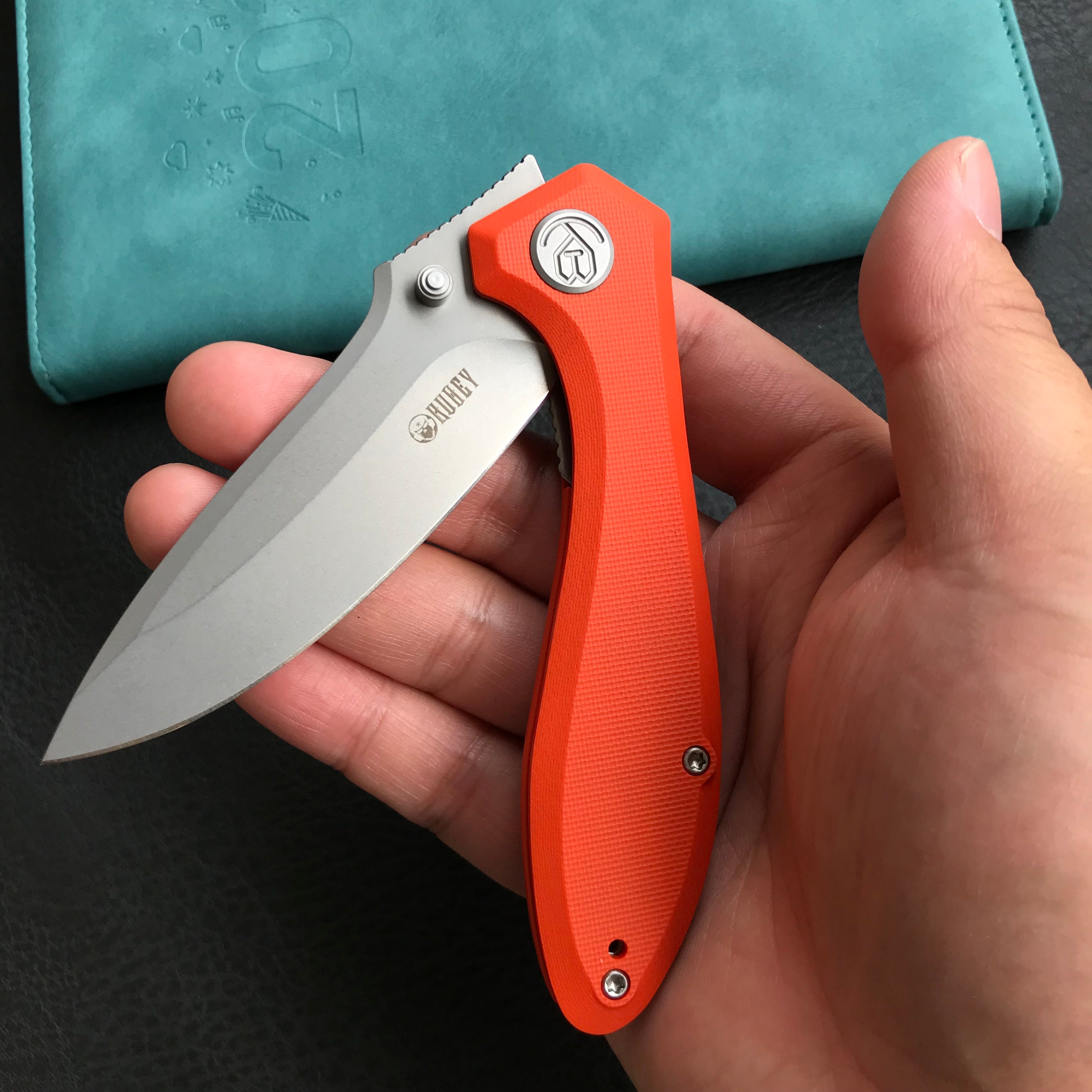 KUBEY KU314H Ruckus Liner Lock Folding Knife Orange G10 Handle 3.31" Bead Blasted AUS-10