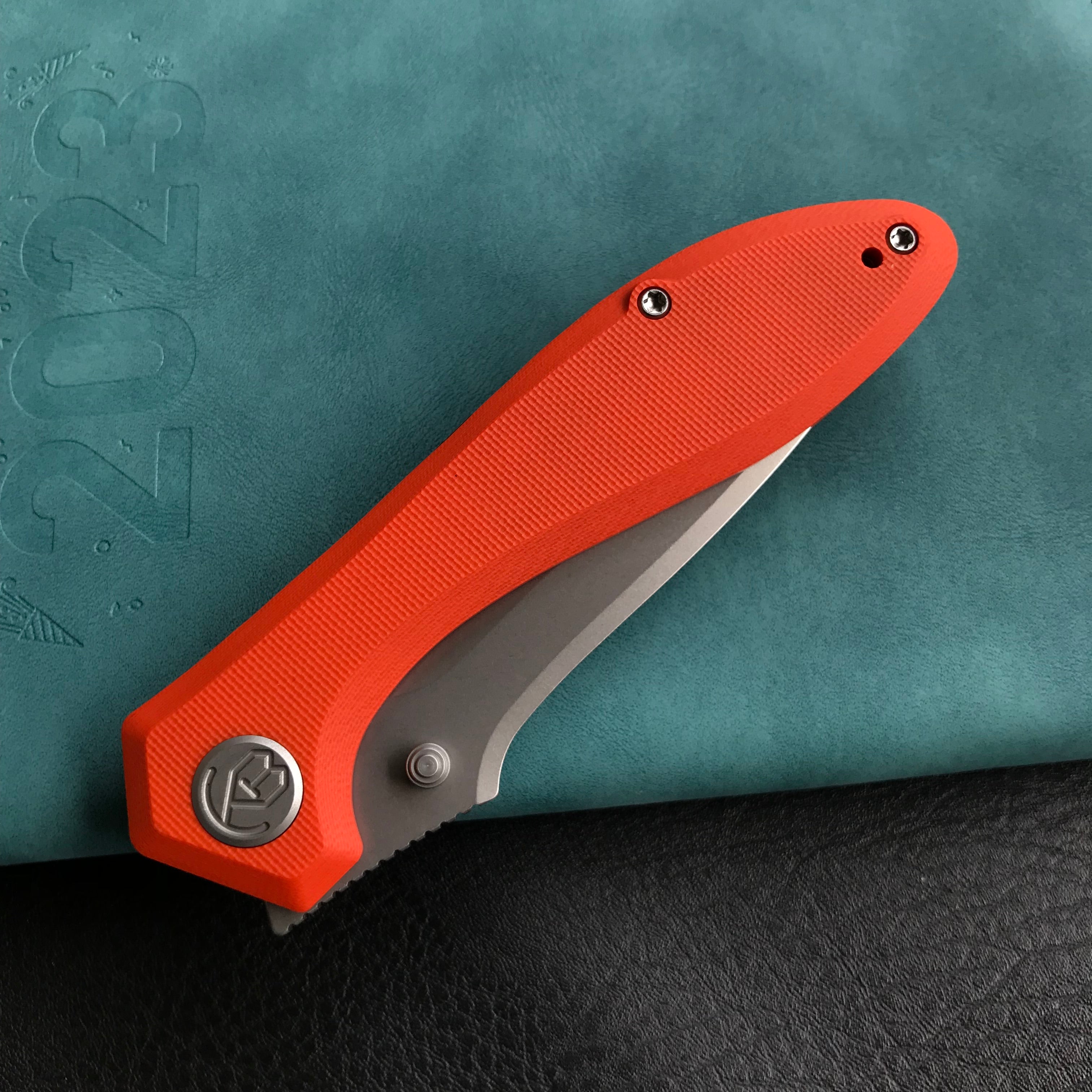 KUBEY KU314H Ruckus Liner Lock Folding Knife Orange G10 Handle 3.31" Bead Blasted AUS-10