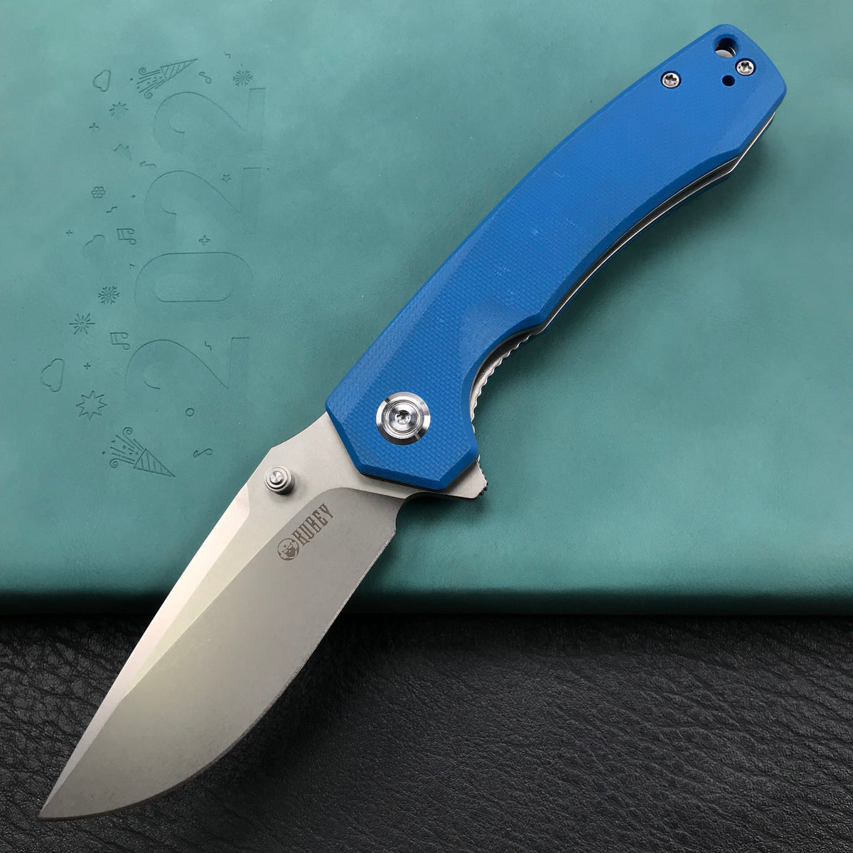 KUBEY KU901B Liner Lock Flipper Folding Knife Blue G10 Handle 3.27" Blasted Stonewashed  D2