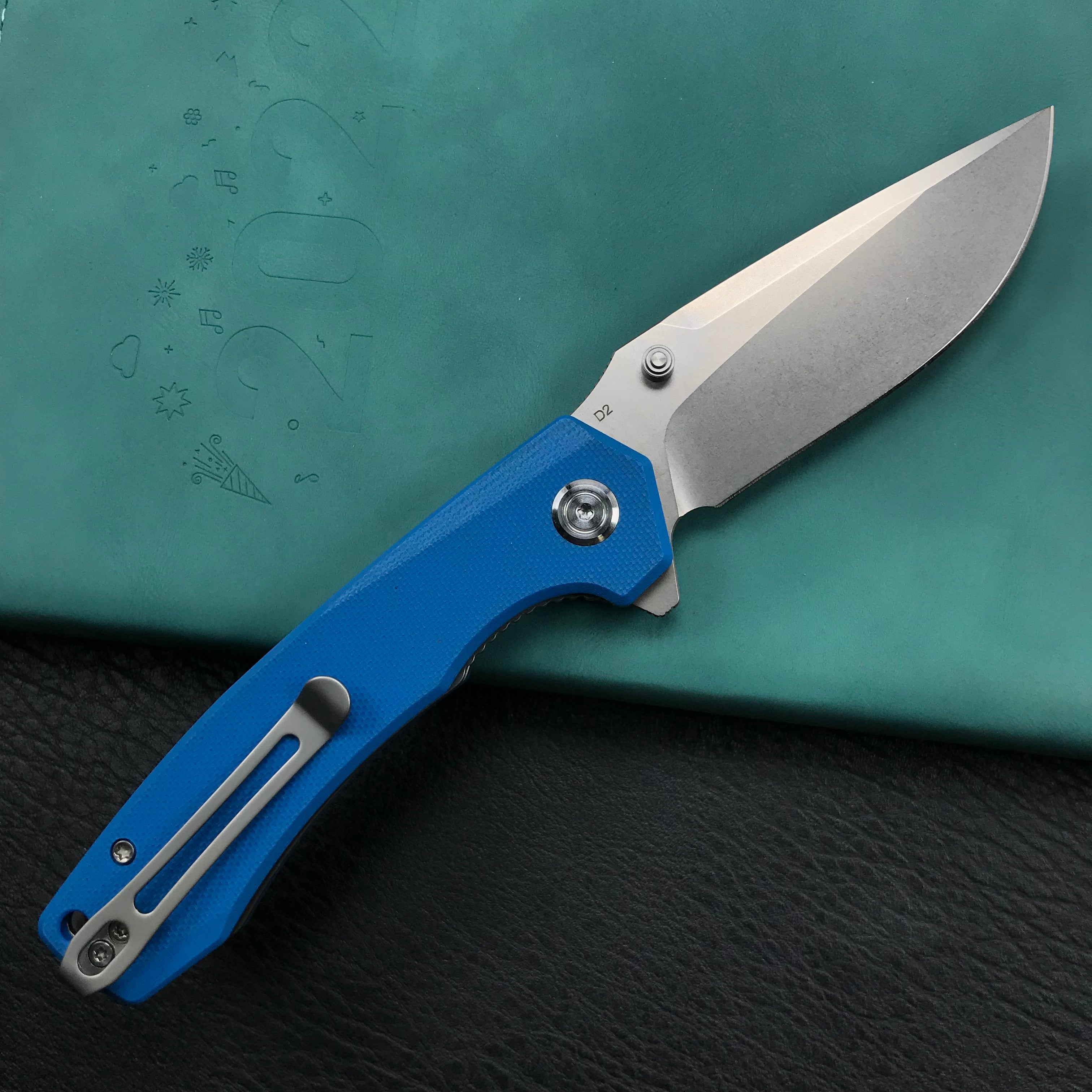 KUBEY KU901B Liner Lock Flipper Folding Knife Blue G10 Handle 3.27" Blasted Stonewashed  D2