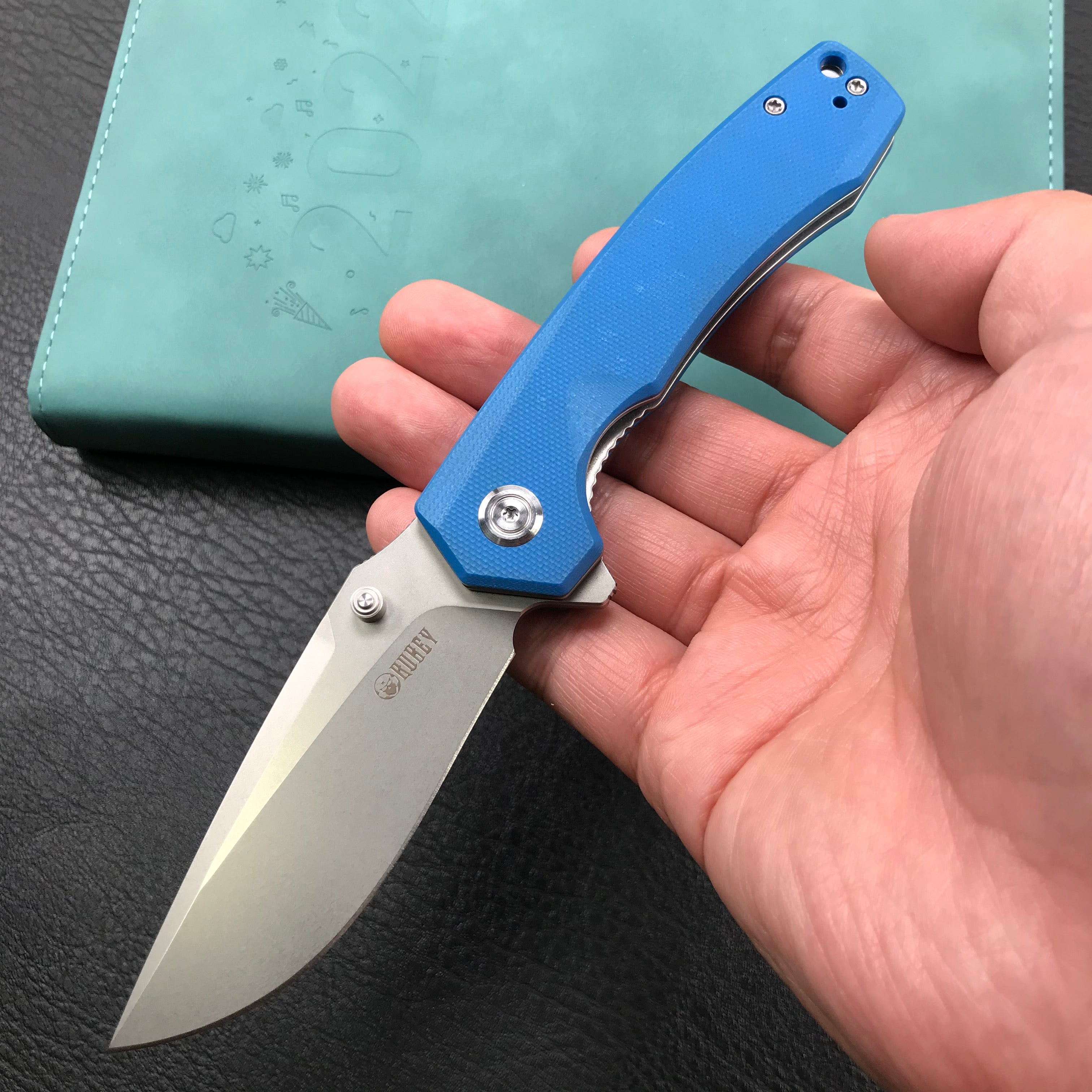 KUBEY KU901B Liner Lock Flipper Folding Knife Blue G10 Handle 3.27" Blasted Stonewashed  D2