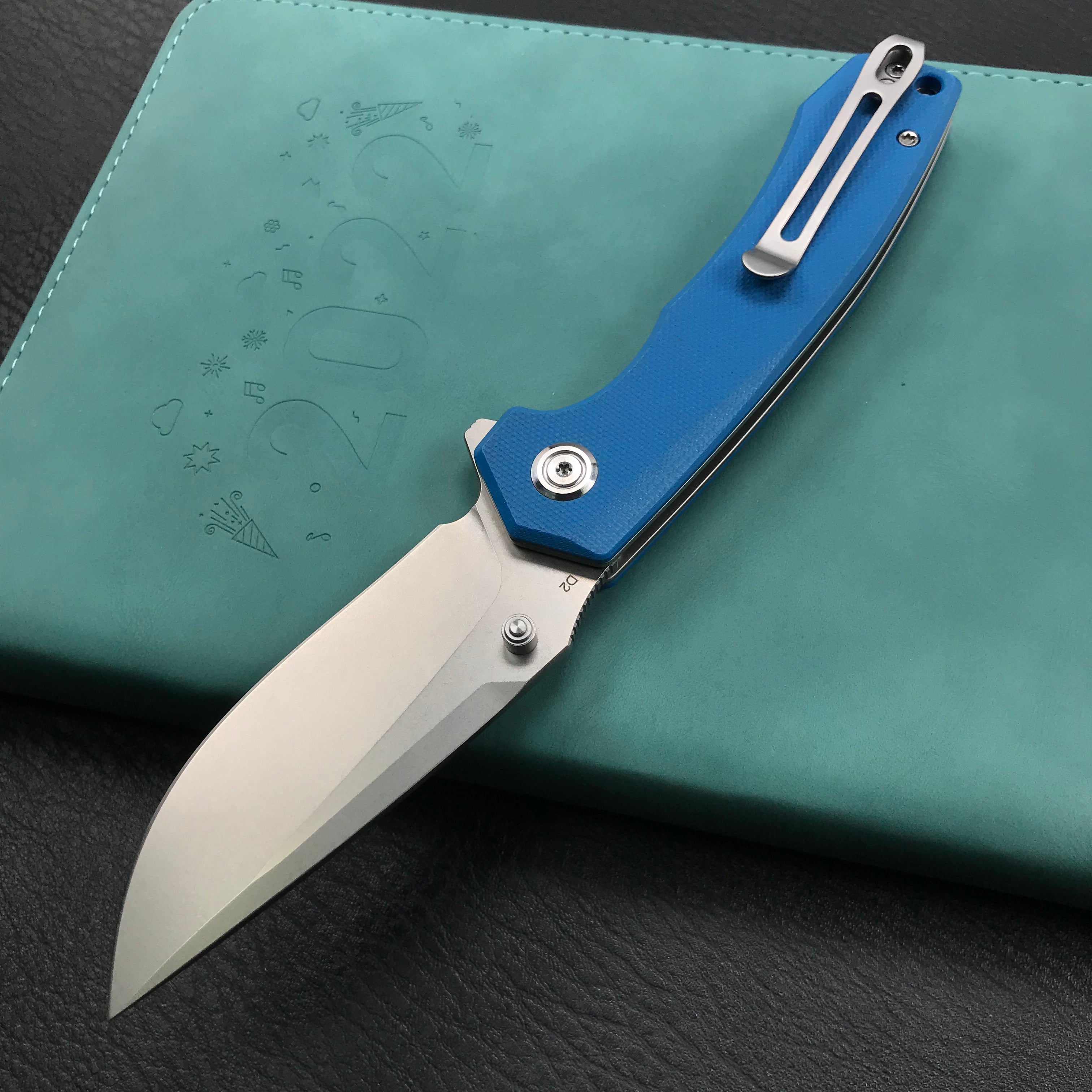 KUBEY KU901B Liner Lock Flipper Folding Knife Blue G10 Handle 3.27" Blasted Stonewashed  D2