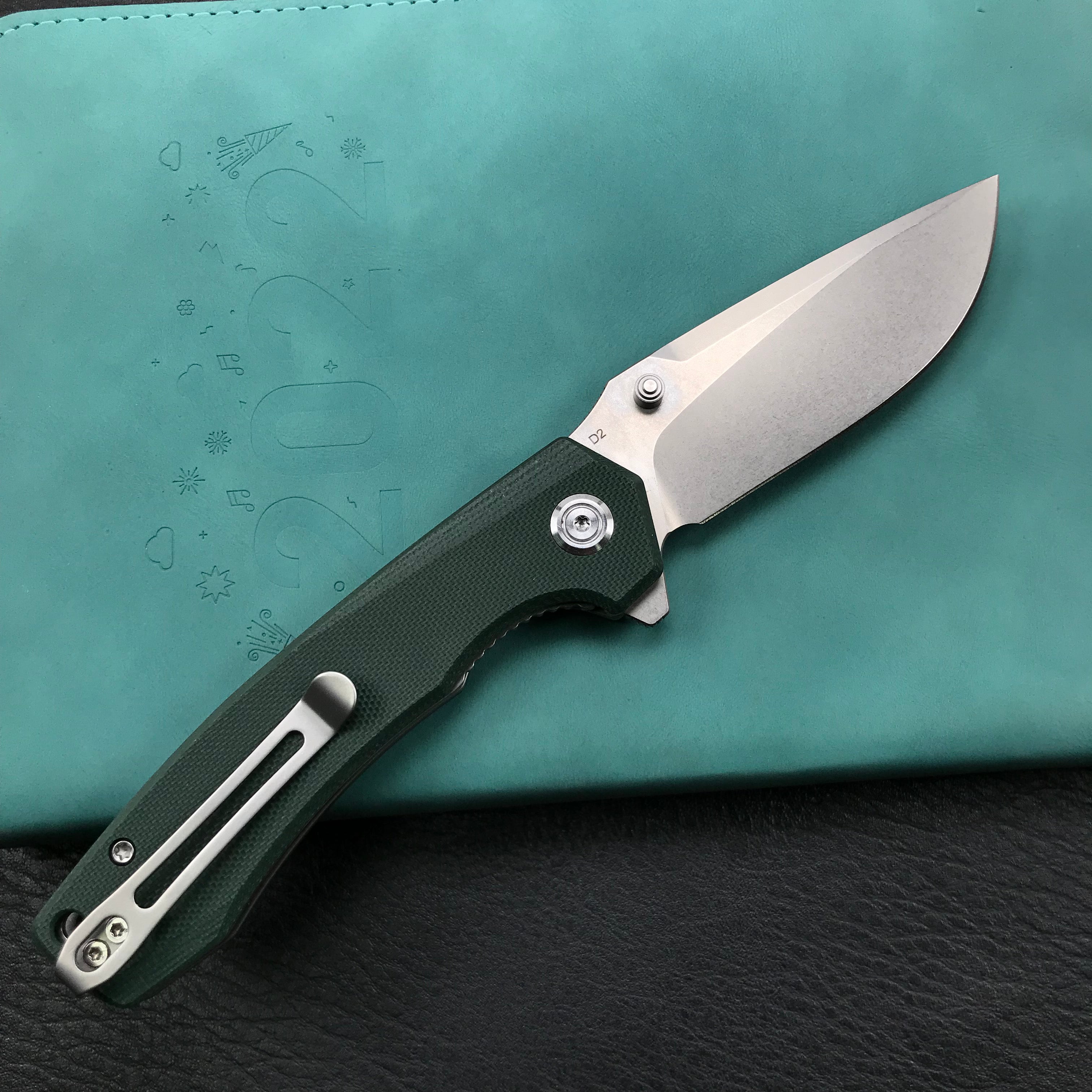 KUBEY KU901I Liner Lock Flipper Folding Knife Green G10 Handle 3.27" Blasted Stonewashed D2