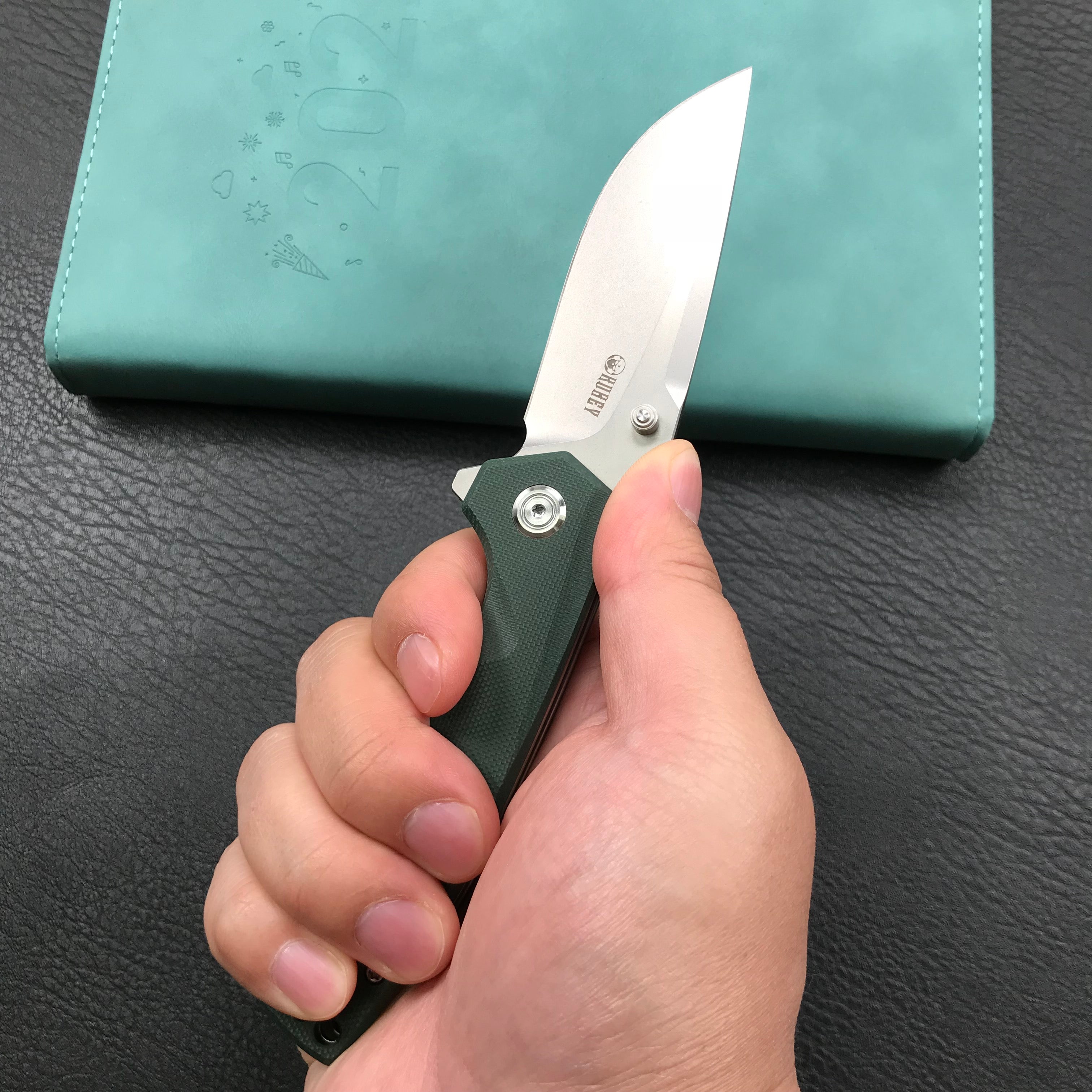 KUBEY KU901I Liner Lock Flipper Folding Knife Green G10 Handle 3.27" Blasted Stonewashed D2