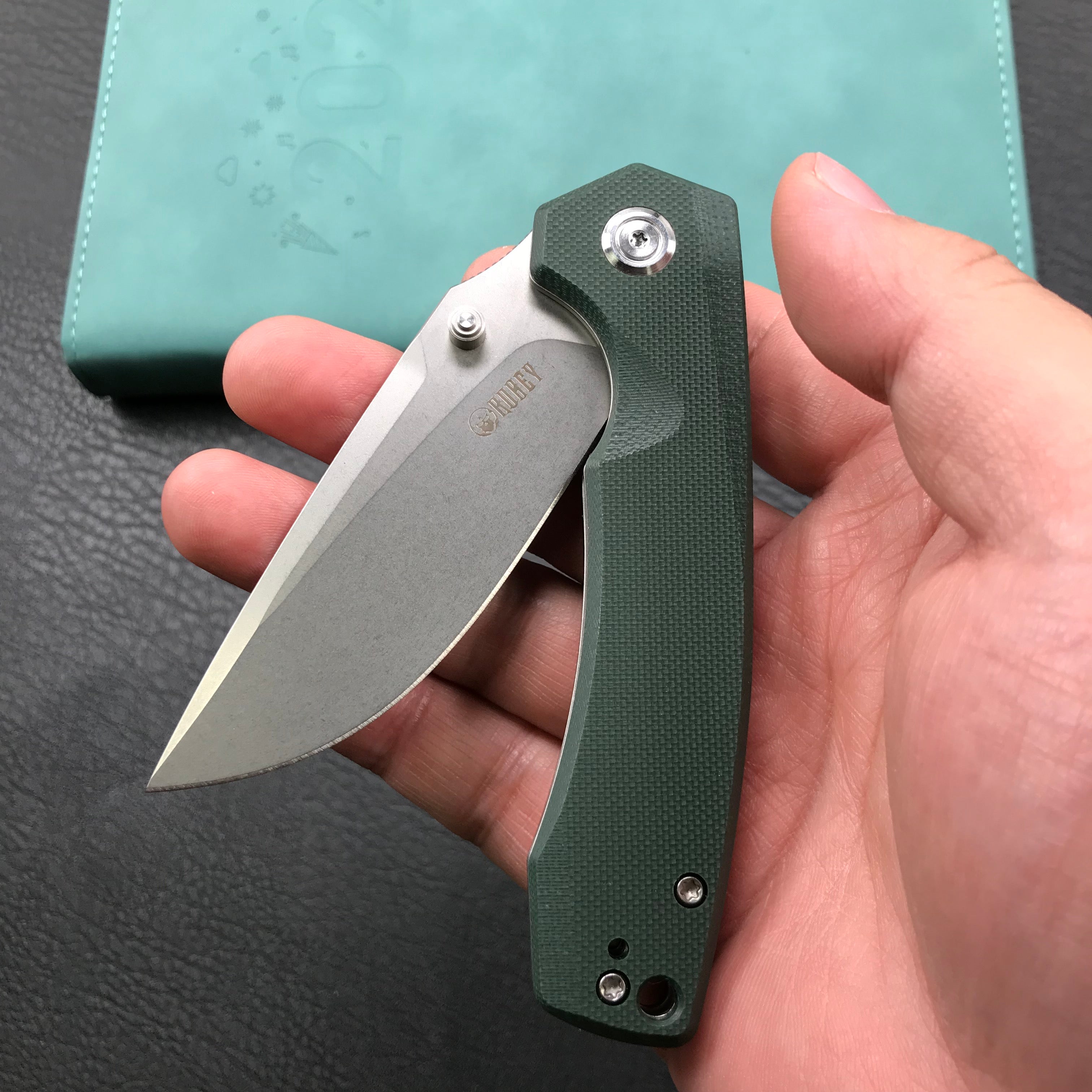 KUBEY KU901I Liner Lock Flipper Folding Knife Green G10 Handle 3.27" Blasted Stonewashed D2