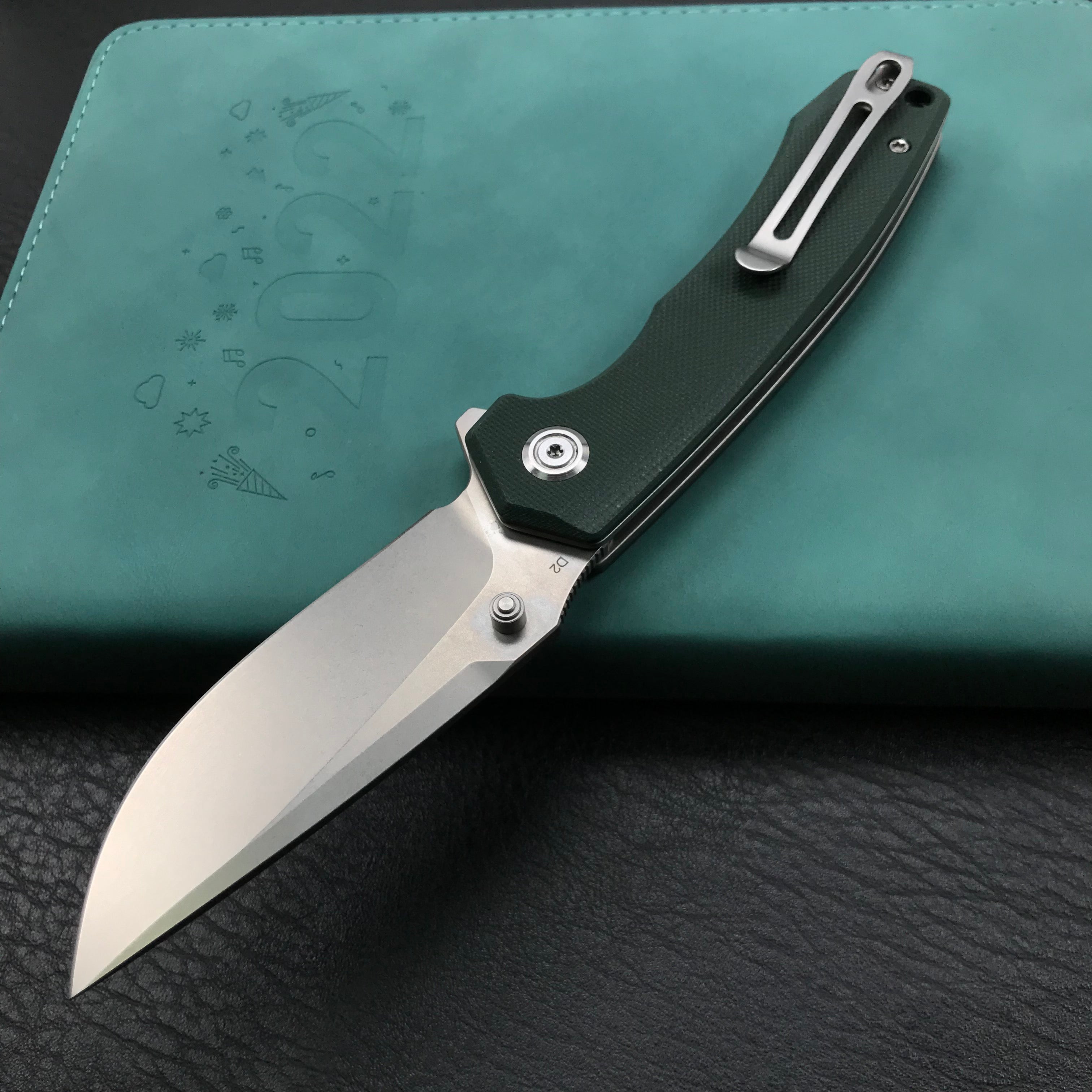 KUBEY KU901I Liner Lock Flipper Folding Knife Green G10 Handle 3.27" Blasted Stonewashed D2