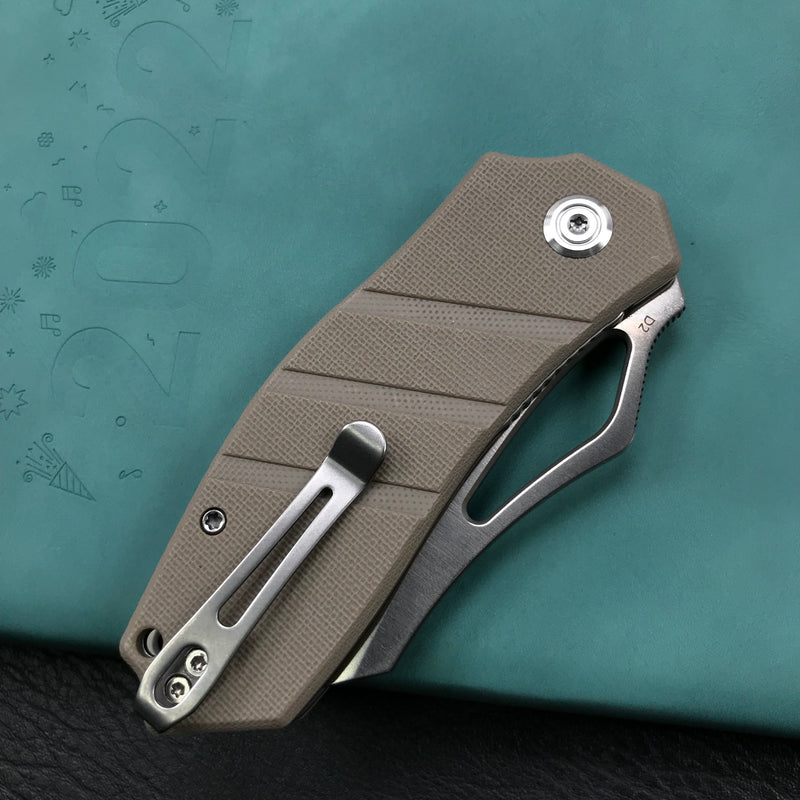 KUBEY KU335B Liner Lock Flipper Folding Knife Tan G10 Handle 2.95" Satin D2