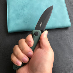 KUBEY KU314L Ruckus Liner Lock Folding Knife Green G10 Handle 3.31" Blackwashed AUS-10