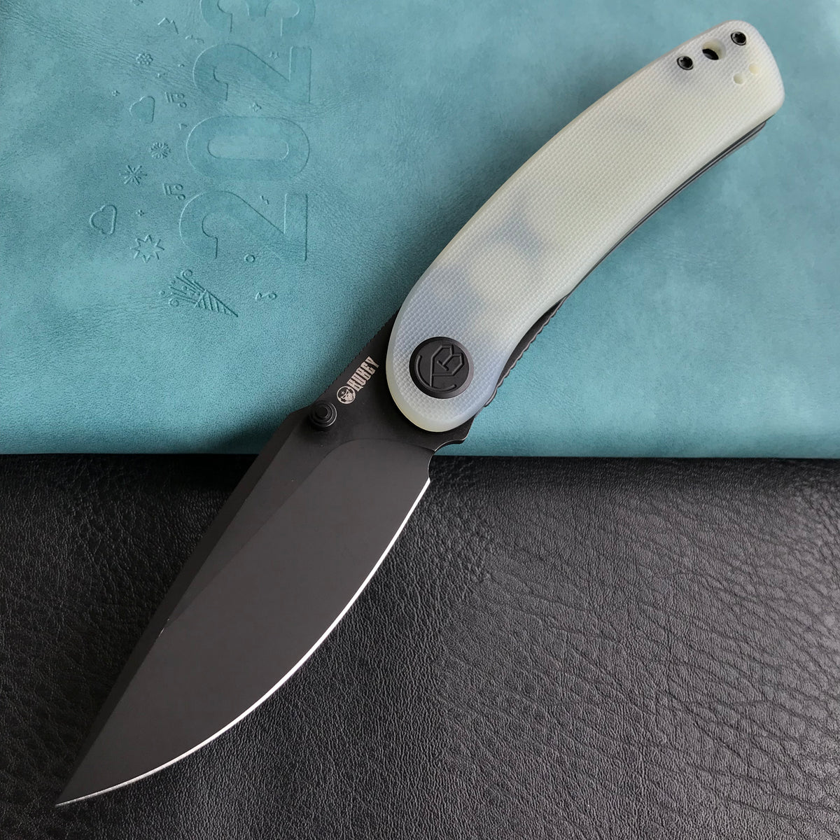 KUBEY KU344J Momentum Sherif Manganas Design Liner Lock Front Flipper / Dual Studs Open Folding Knife Jade G10 Handle 3.43" Dark Stonewashed AUS-10