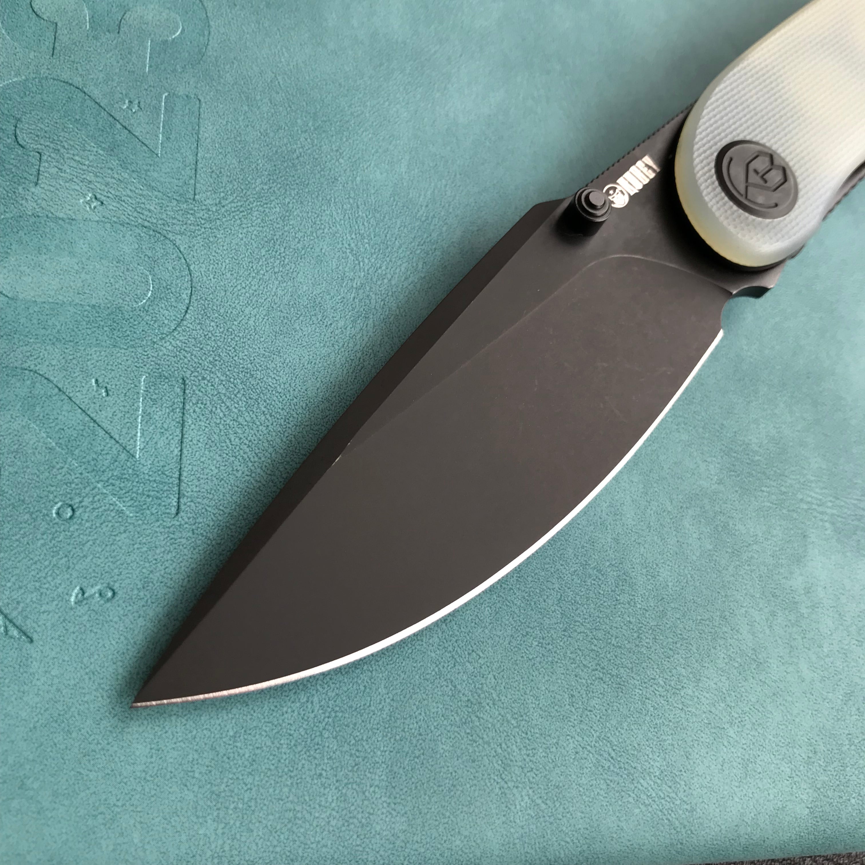 KUBEY KU344J Momentum Sherif Manganas Design Liner Lock Front Flipper / Dual Studs Open Folding Knife Jade G10 Handle 3.43" Dark Stonewashed AUS-10