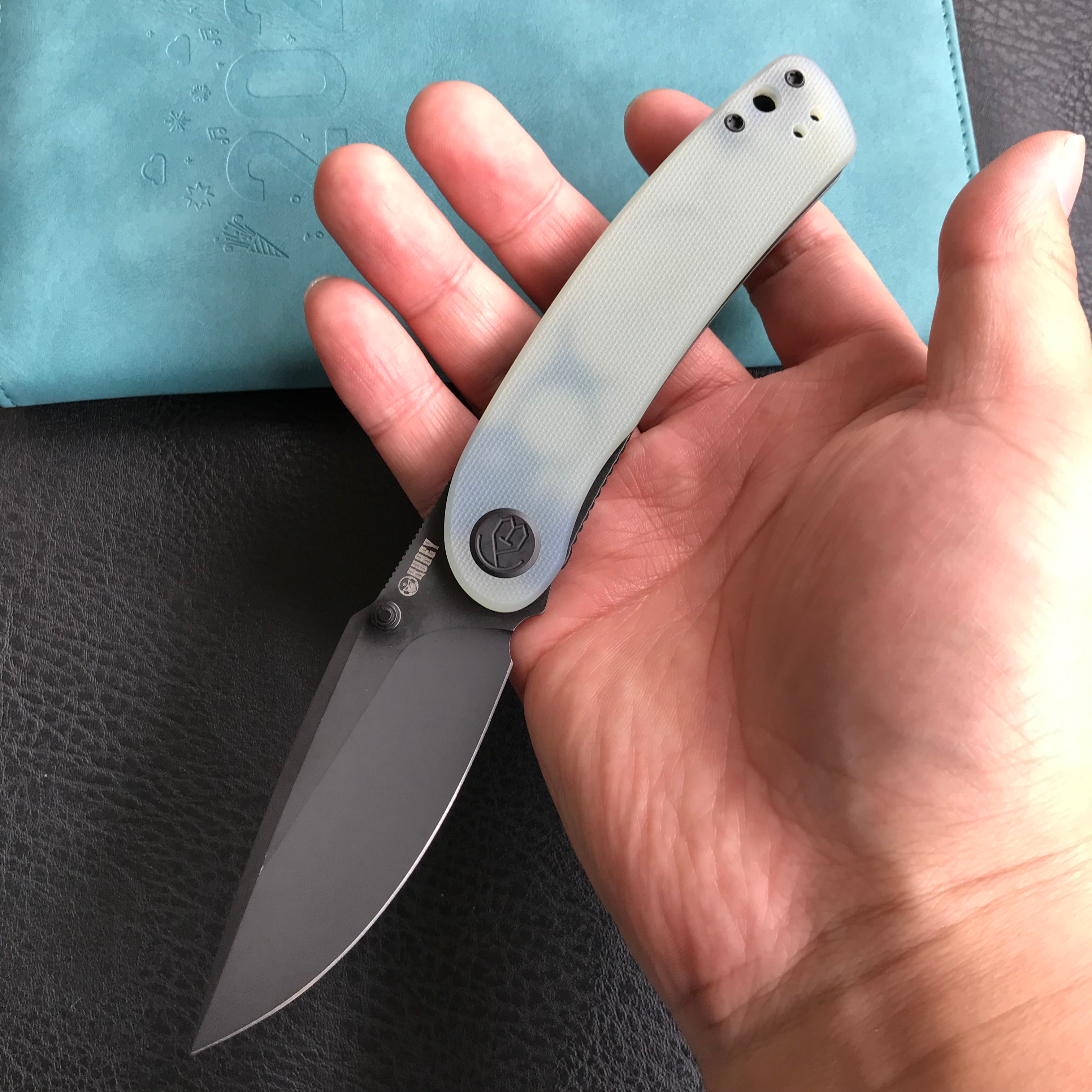 KUBEY KU344J Momentum Sherif Manganas Design Liner Lock Front Flipper / Dual Studs Open Folding Knife Jade G10 Handle 3.43" Dark Stonewashed AUS-10